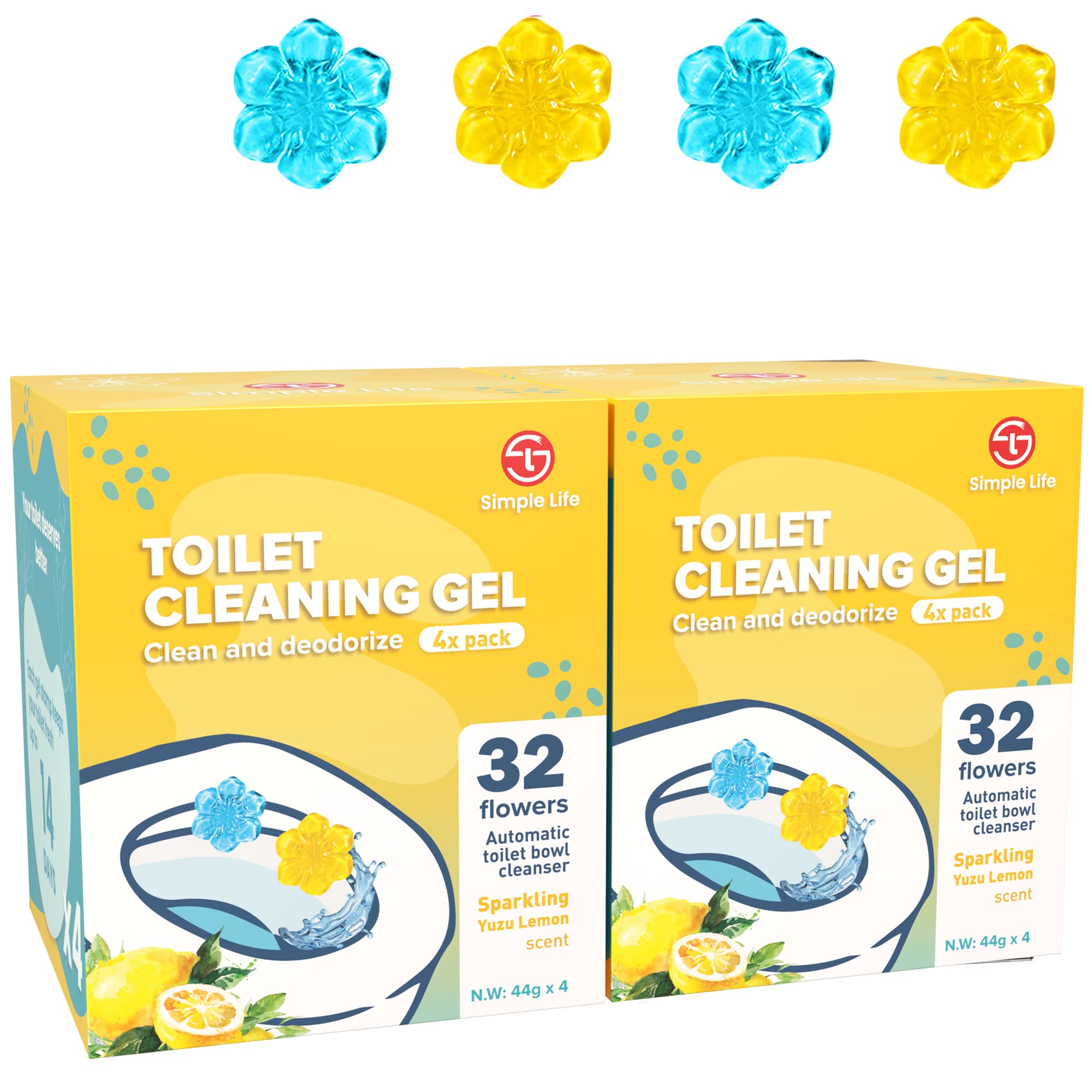 Simple Life Toilet Gel Stamp – Fresh Flower Scent, Anti-Limescale Toilet Cleaner Gel, Deodorizing & Long-Lasting Freshness, 64 Stamps, Blue & Yellow