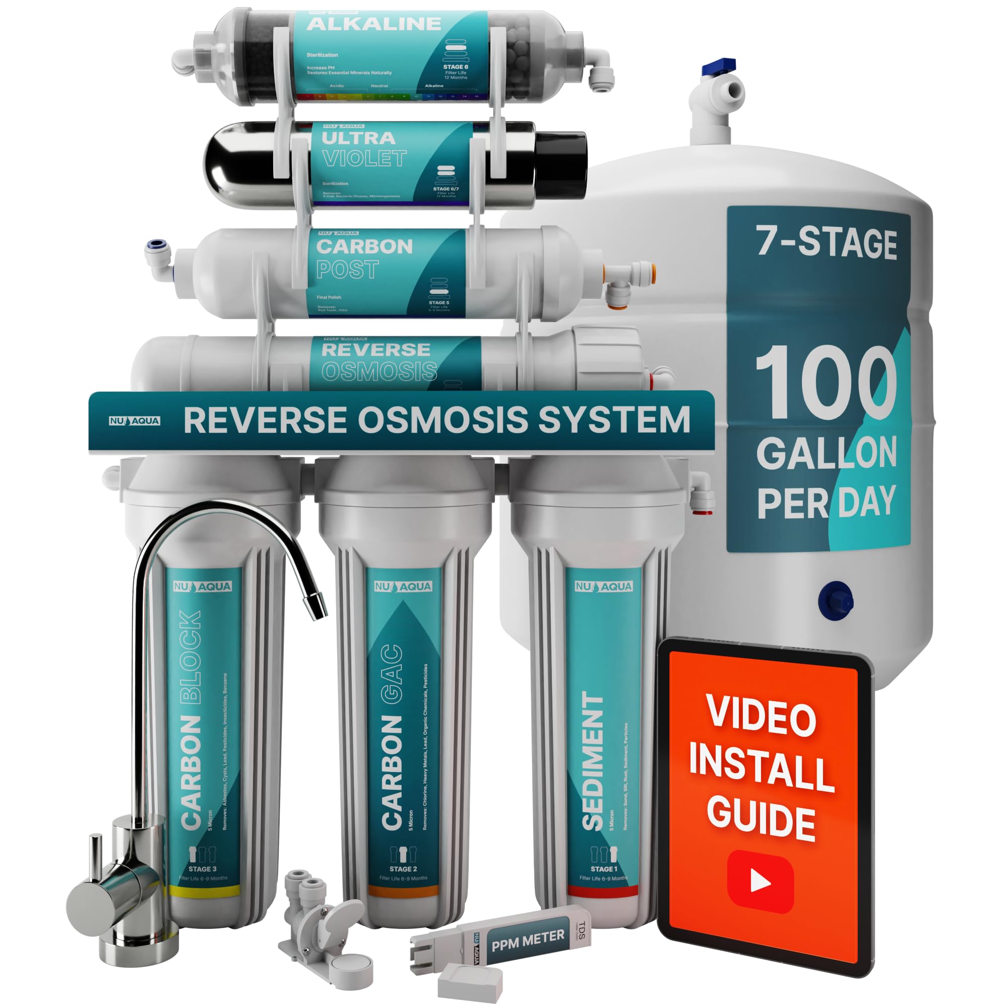 7-Stage Reverse Osmosis System Under Sink Water Filter UV and Alkaline Sterilization Drinking High Capacity 100GPD - Free PPM Meter - 120-Day Trial
