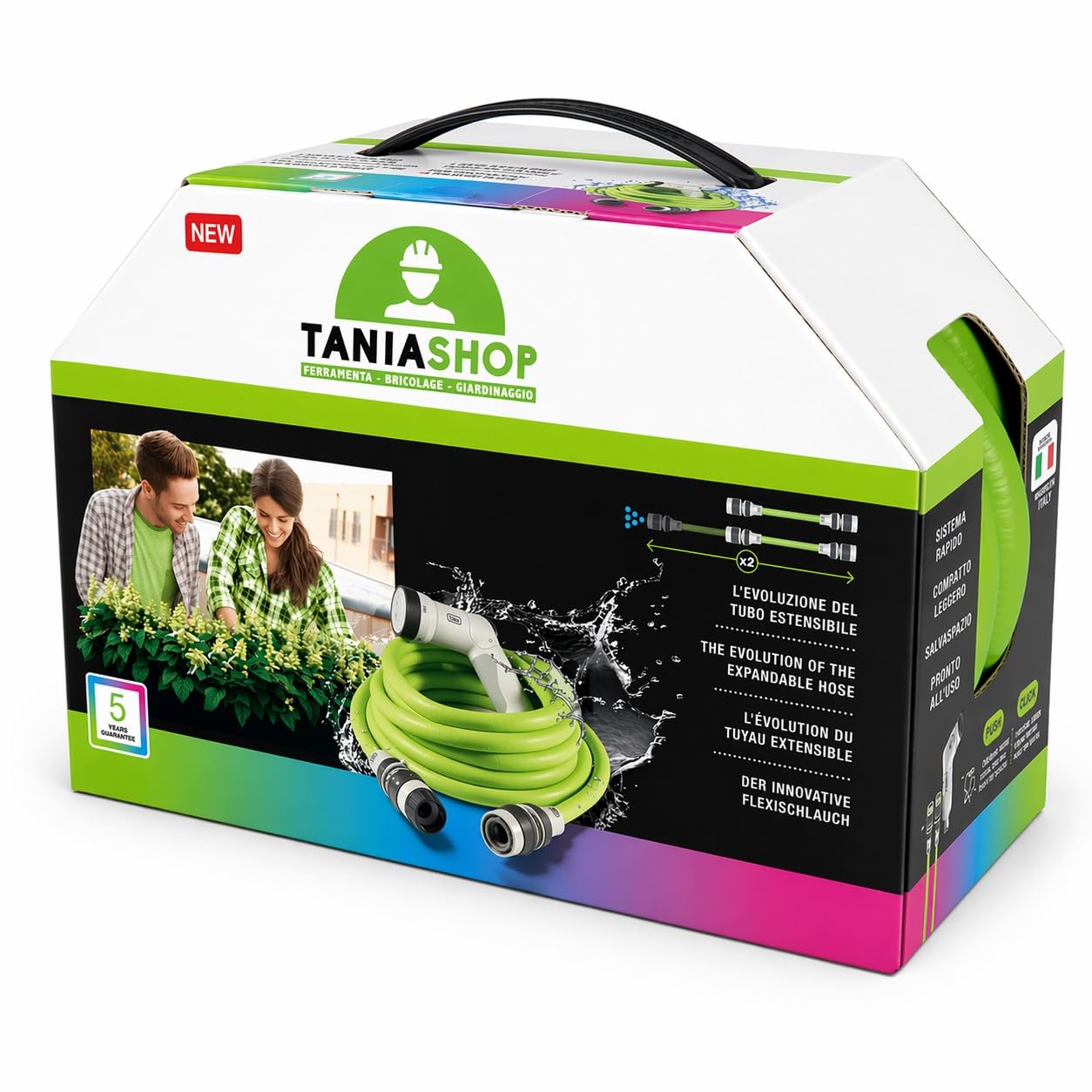 Tubo Acqua Giardino Estensibile con Pistola Multigetto Compatto Leggero Antipiega con Raccordi Rapidi con Sistema Aquastop per irrigazione Lavaggio (25 metri)