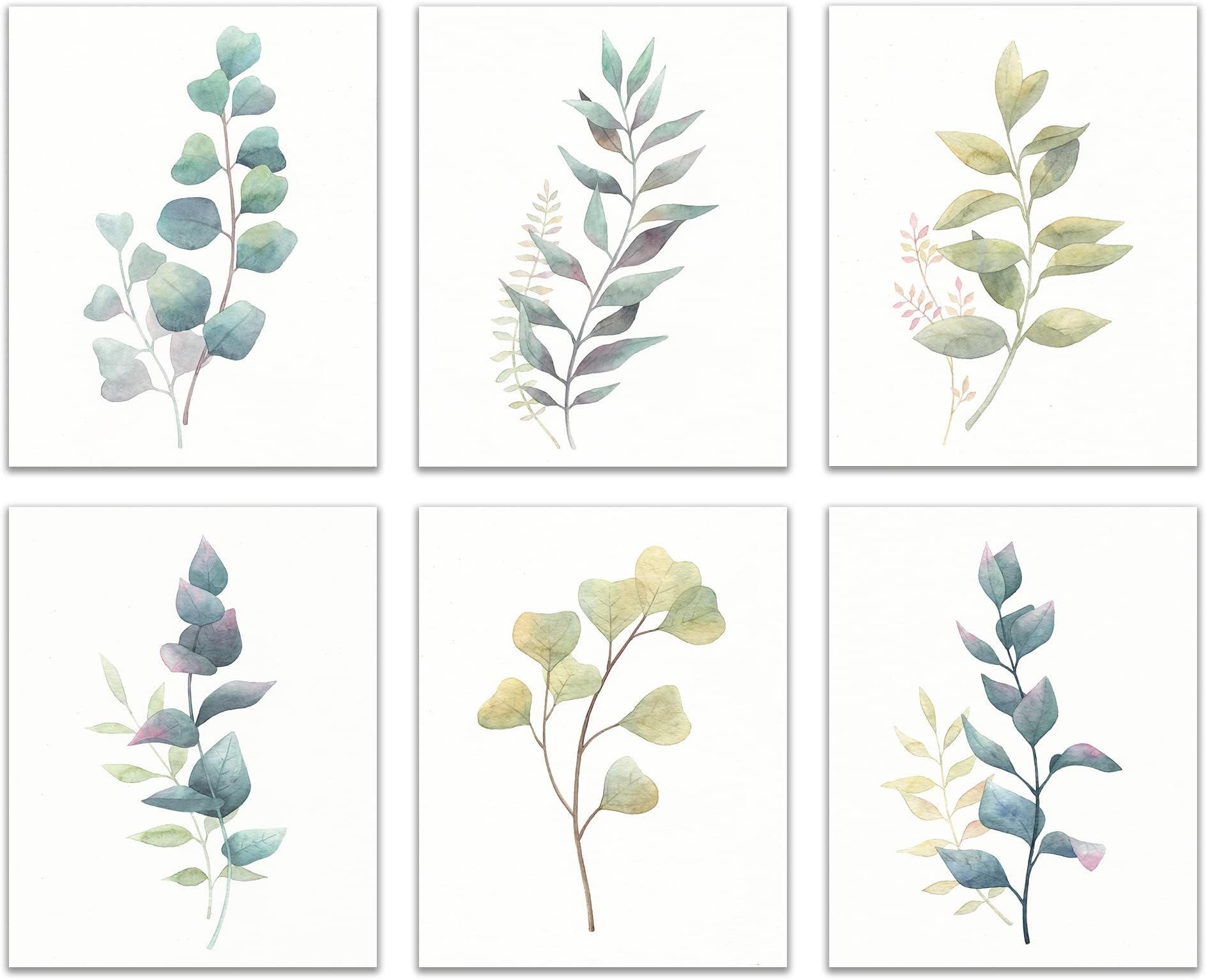 L & O Goods Botanical Wall Art Prints | Farmhouse, Home & Kitchen Decor | Theme Set of Six Posters Eucalyptus Leaves Decorations | Artwork Pictures for Bedroom, Dining Room, Hallway or Office | 8 x 10