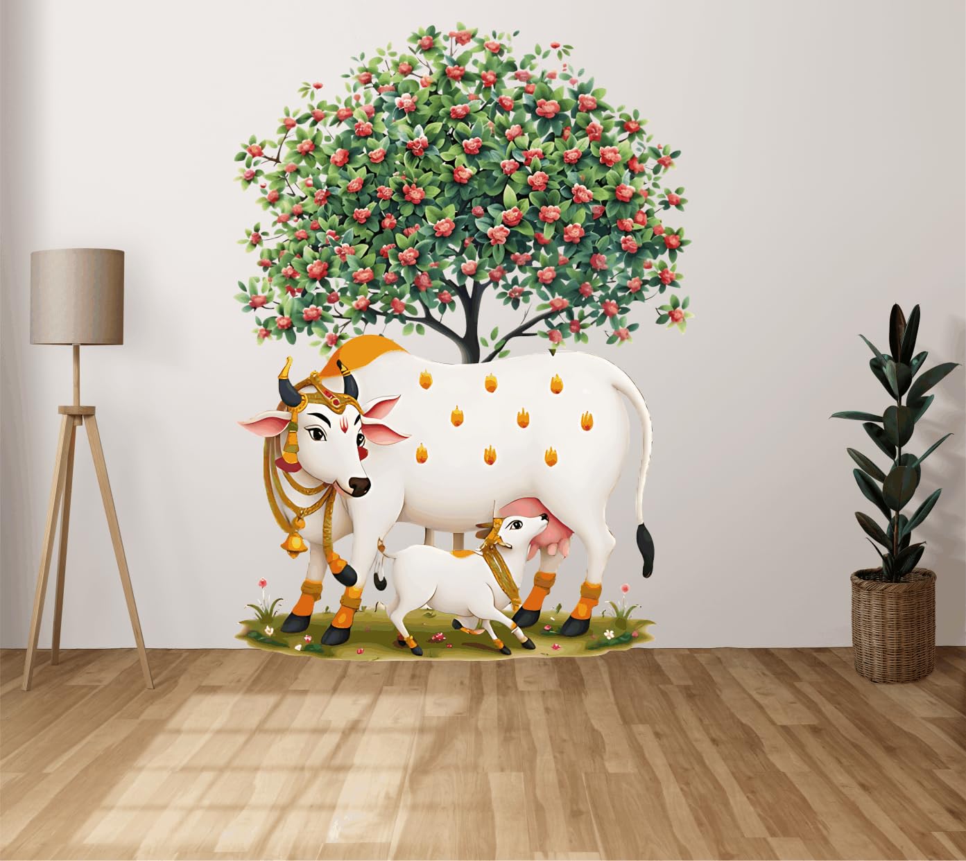 Kamdhenu Cow with Kalpavriksha Tree Wall Sticker 18x24 Inch | Religious Gomata Wall Decor Sticker | Pooja Room PVC Wall Sticker-image-40