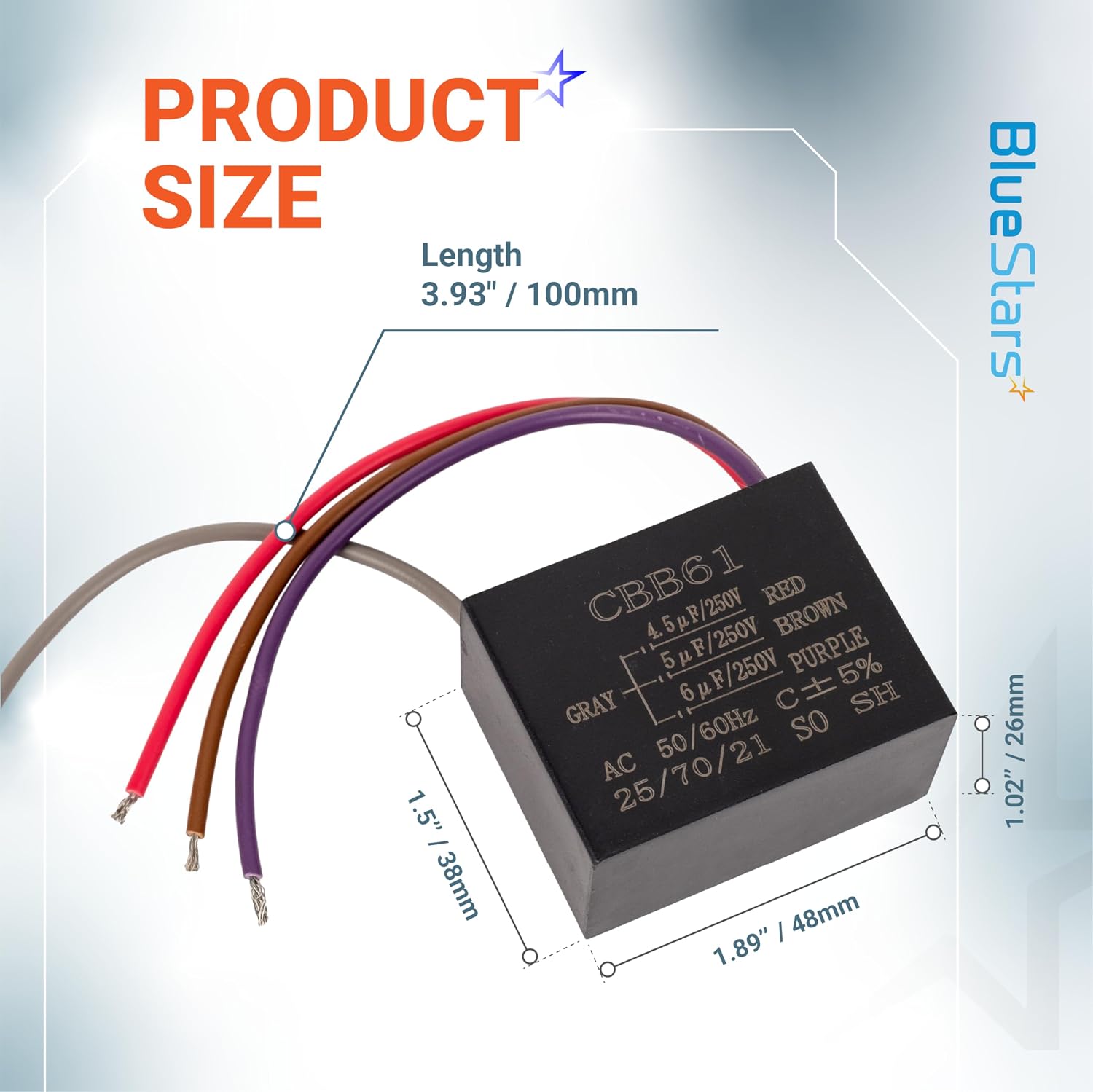 CBB61 4.5uf+5uf+5uf 5-Wire 250V AC Ceiling Fan Capacitor by BlueStars - Pack of 1 - Replacement for Hampton Bay Ceiling Fan - 50/60 Hz - 2 Wires Electrical Power Relay Connecting Capacitor