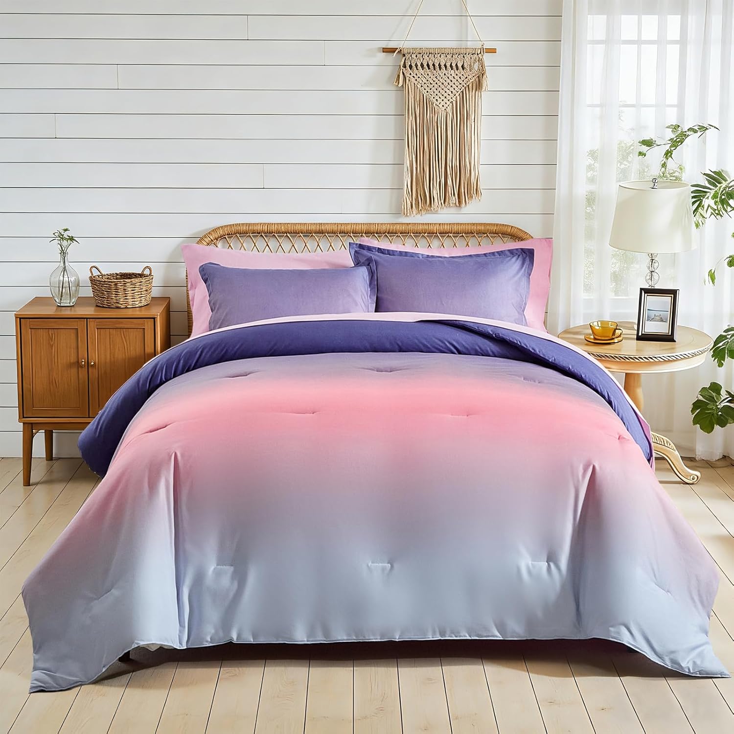 7 Pieces Gradient Purple and Lilac Bed in a Bag Queen Size, Elegant Ombre Reversible Comforter Set for All Season (Comforter, Flat Sheet, Fitted Sheet, 2 Pillowcases & 2 Pillow Shams)