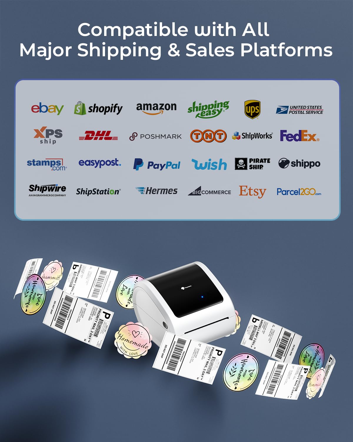 Phomemo Ethernet Stampante Etichette Spedizione, Stampante Termica Etichette da 300dpi per imprese, Supporta Ethernet, Bluetooth e USB, Compatibile con Amazon, Vinted, BRT, UPS, Bianco