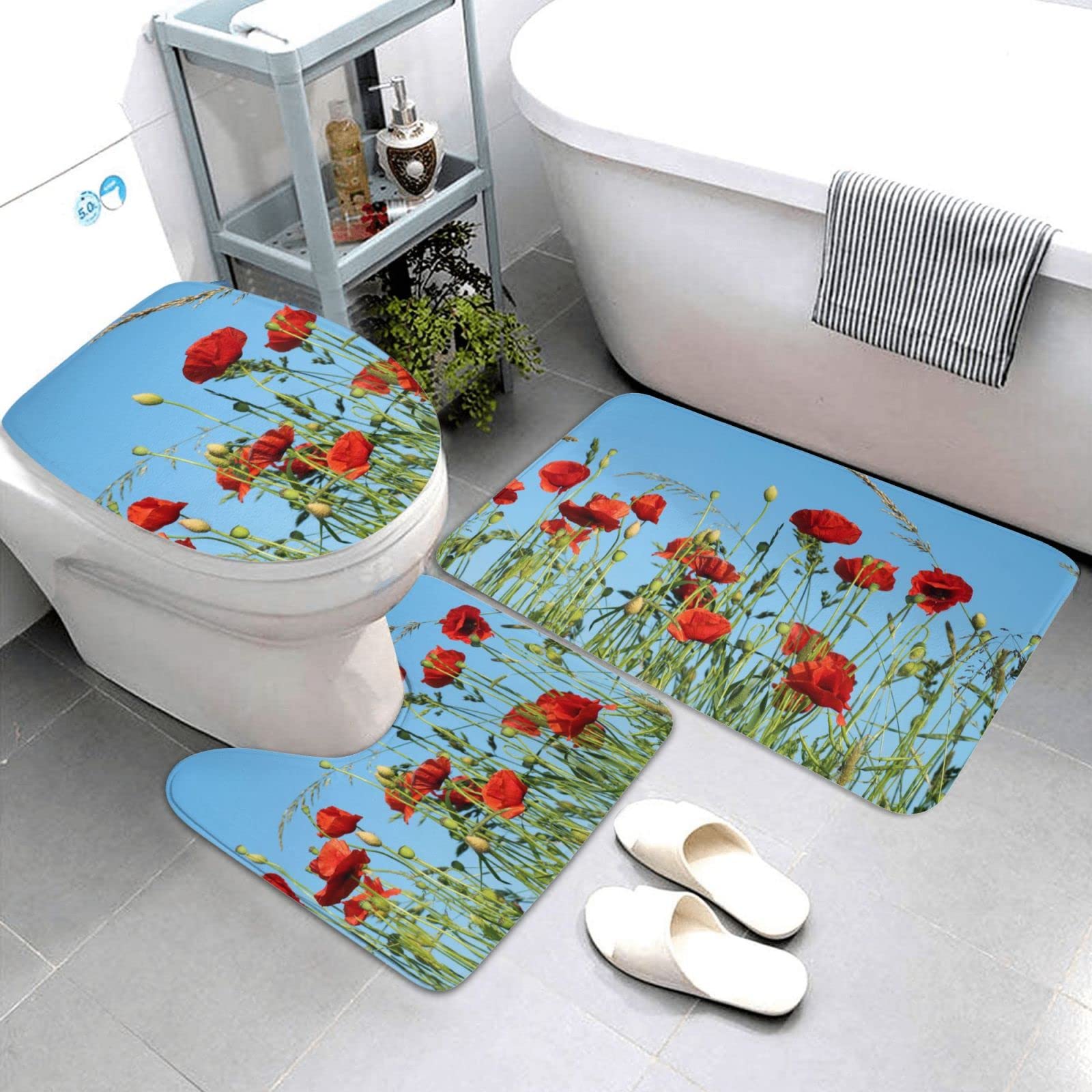 Set di tappetini da bagno con stampa di papaveri su cielo blu, 3 pezzi inclusi tappetino contorno tappetini assorbenti da bagno copriwater per bagno