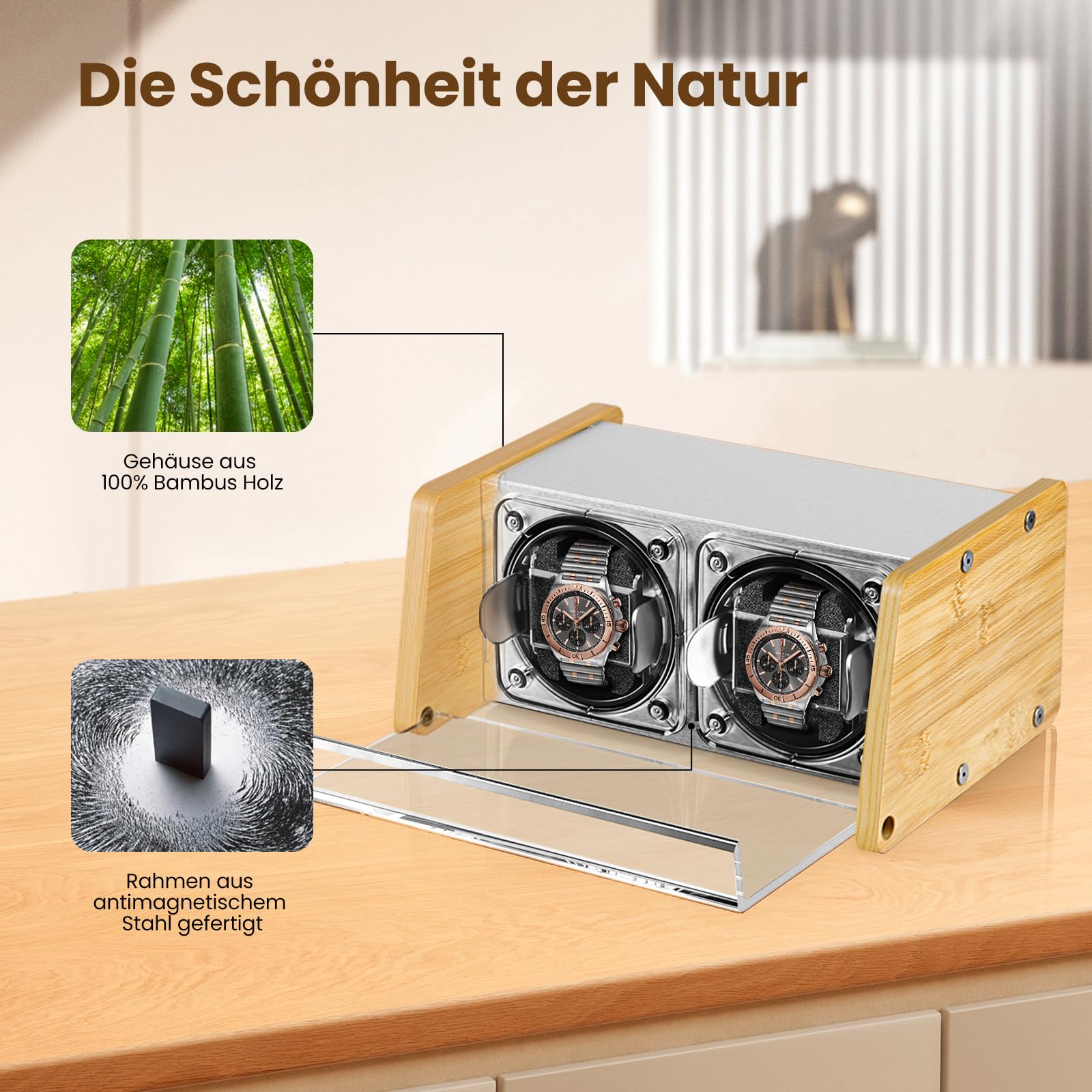 Watch Winder Smith Uhrenbeweger mit Mittelrotationsstoppfunktion – für 2 Uhren – geeignet für große Herren-Automatikuhren