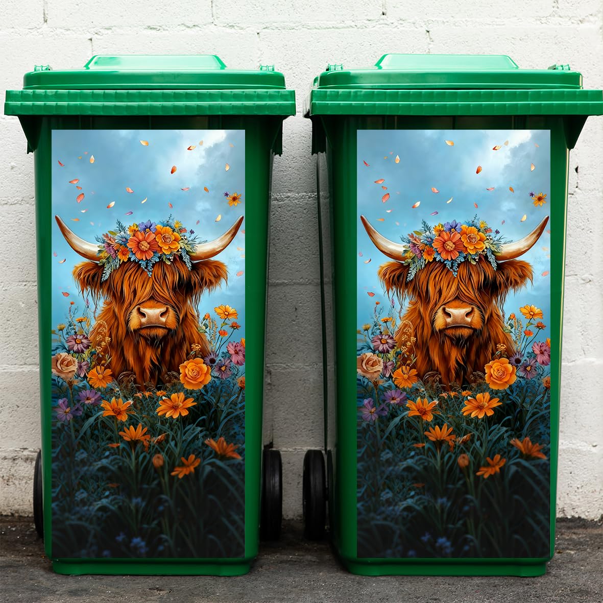 Iprokiu 2pcs Cow Sheep Wheelie Bin Sticker Animal Flower Decal for Trash Can Home Wall Decal Indoor Outdoor Garden Patio Decor Self Adhesive Animal Dustbin Sticker 32.28" x 14.57 (Highland Cow)