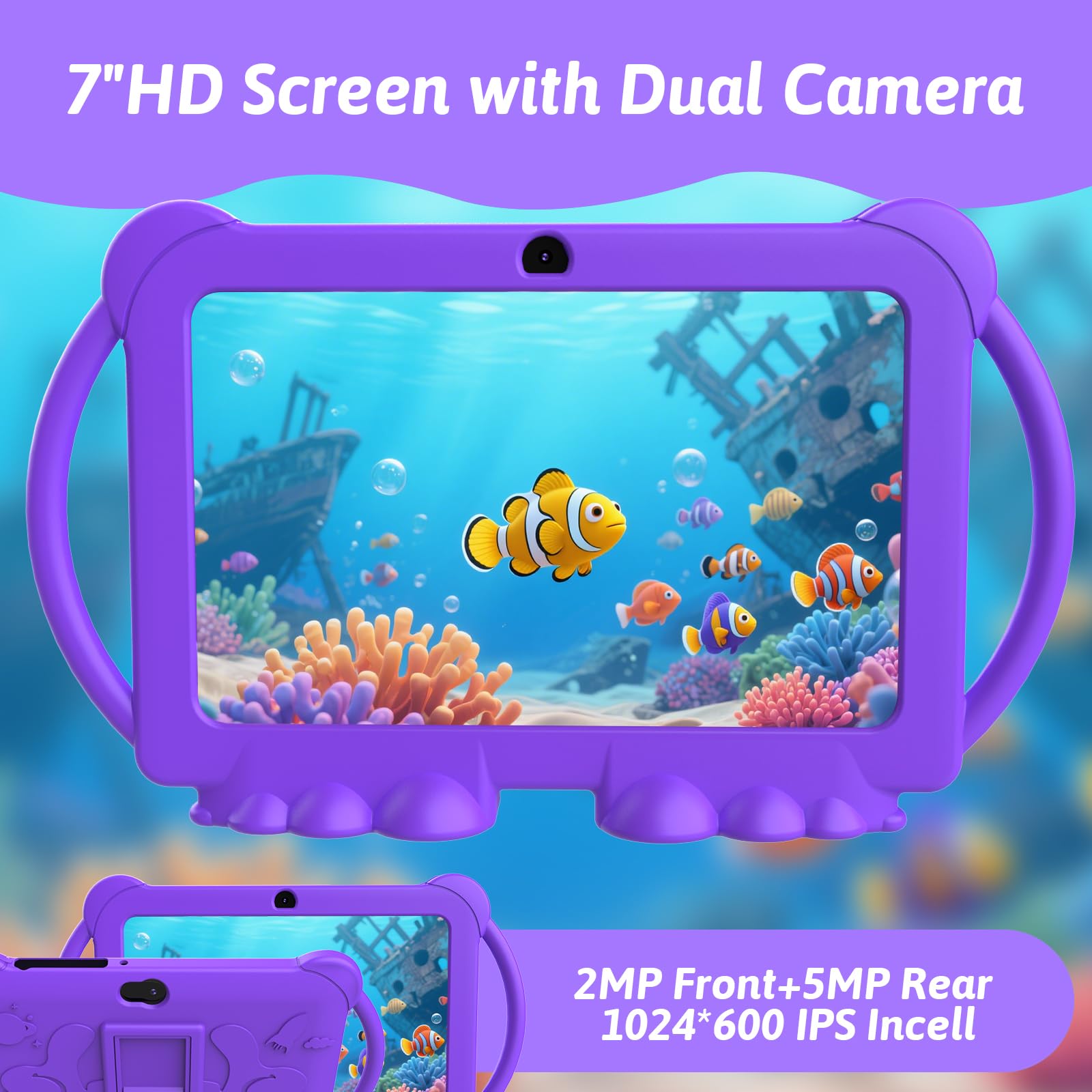 HOTTABLET Tablet per bambini 7" Android 12, 4 GB di RAM 32 GB ROM, 512 GB di espansione, con controllo genitori, WiFi, Bluetooth, doppia fotocamera con custodia in silicone, 1 pezzo (viola)