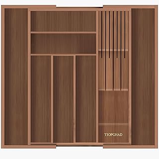 Bamboo-Silverware-Drawer-Organizer-Kitchen, Expandable Utensil Holder Cutlery Tray Flatware Organization Adjustable Wood Tableware Dividers Storage (with Removable Knife Block)(Brown)