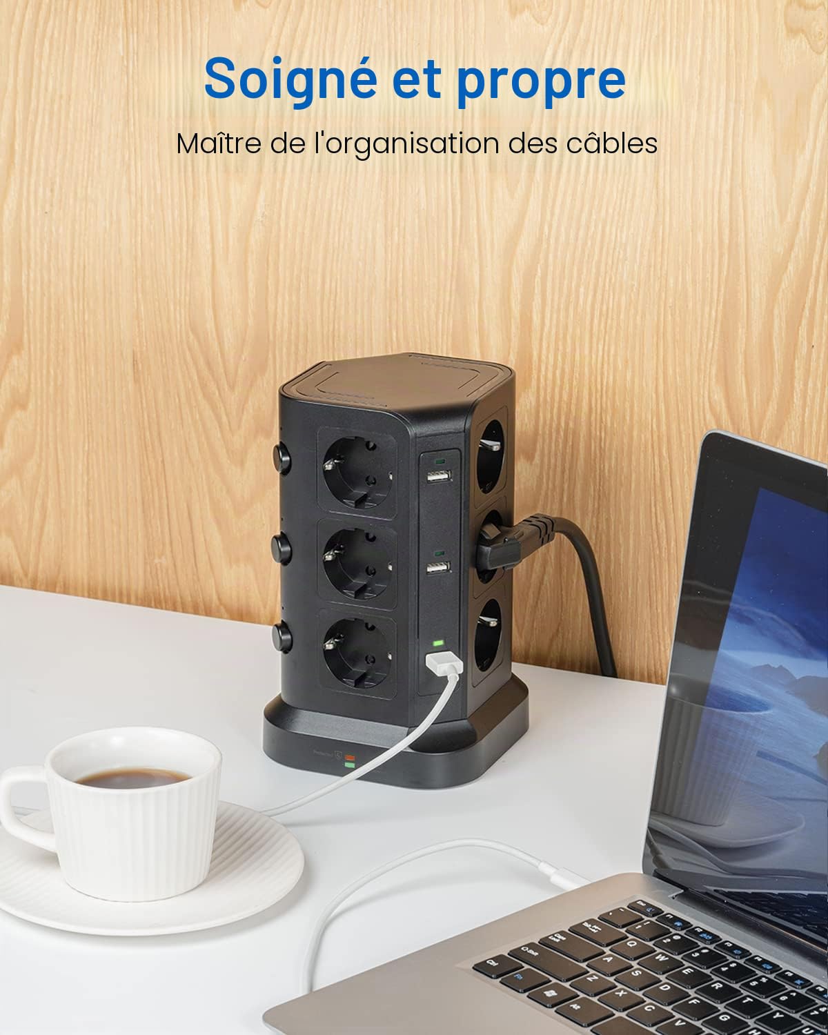 KOOSLA Tour Multiprise, 12 Prises, 6 USB, 5M, Noir | 12 Prises, 6 USB, 4000W/16A, 3 Interrupteurs, Parafoudre, Câble 5M, Bureau