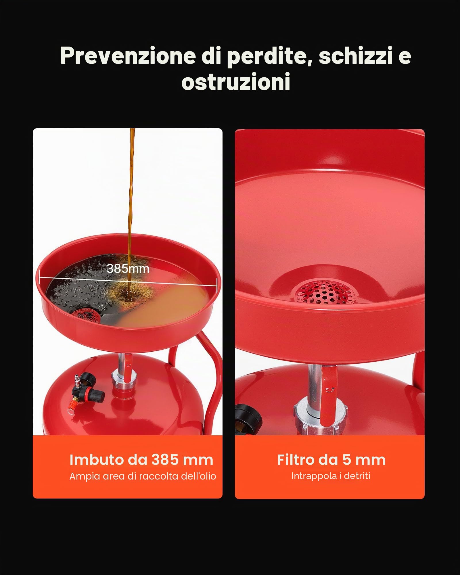 VEVOR Serbatoio di Scarico dell'Olio Esausto 95 Litri, Scaricatore Pneumatico Portatile per Olio con Imbuto Altezza Regolabile con Ruote, Drenaggio per Trasferimento Carburante per Officine