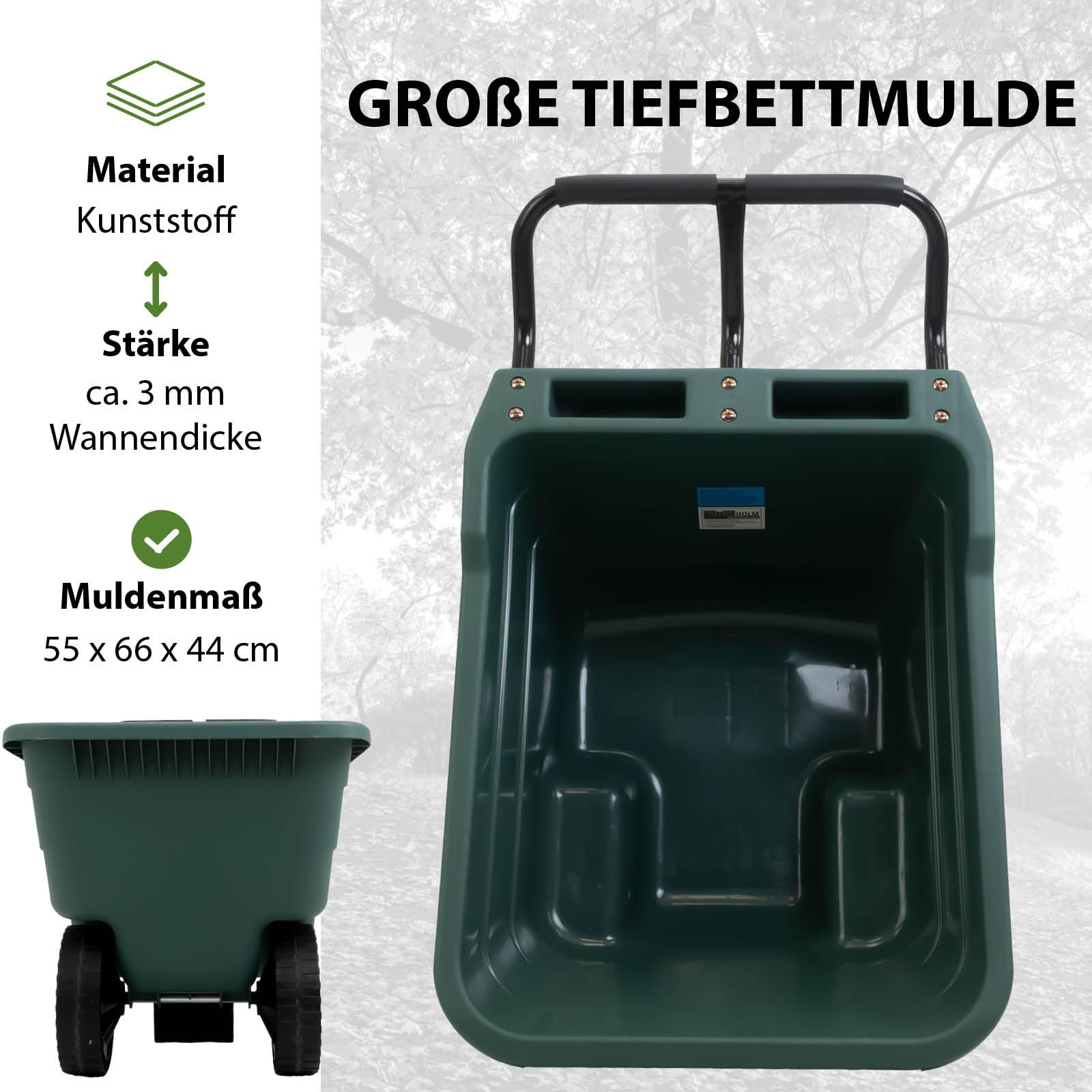 TRUTZHOLM Gartenwagen Transportwagen Schubkarre 250 kg Tragkraft – robuste Kunststoffwanne 98x55x64 cm, Stahlgriff grau gepolstert, 8 kg Gewicht, kippsicher, ideal für Erde, Laub, Holz, Einhandkarre
