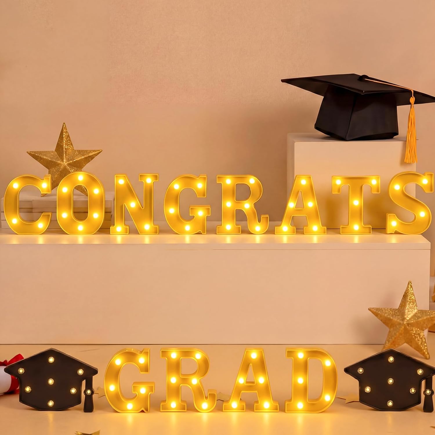 Honoson 14 Pcs Congrats Grad Decorations Lights up Sign with 2 Cap Lights Graduation Party Decorations for Kindergarten High School College Grad Senior Night Celebrations