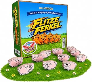 Ollywood Flitze Ferkel Lustiges Würfelspiel für die ganze Familie mit 36 kleinen Holz-Ferkeln als Spielfiguren, 3 Würfel und EIN Paar lustige Schweineohren aus Plüsch Für 4-36 Spieler, ab 4 Jahren