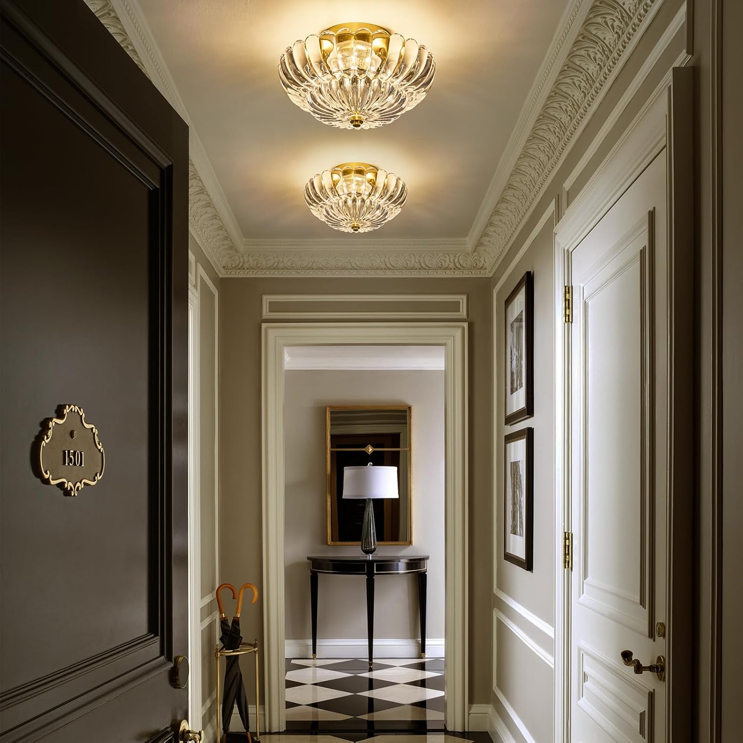 Mid Century Modern Gold Semi Flush Mount Ceiling Light Fixture,3 Lights Flower Glass Close to Ceiling Lighting Fixtures for Bedroom Hallway Kitchen Foyer Bathroom Closet Laundry Room 11.8 inch