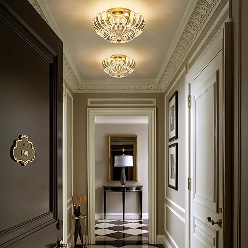 Miniatura 2 de Lámpara de techo semiempotrada dorada moderna de mediados de siglo, 3 luces de cristal de flores cerca del techo, accesorios de iluminación para