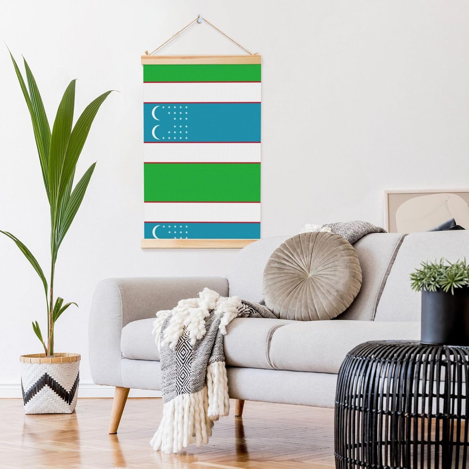 Flag Of The Republic Of Uzbekistan Print Poster Hanger,Hanging Poster, Poster Frame,Wood Poster Hanger, For Wall Hanging