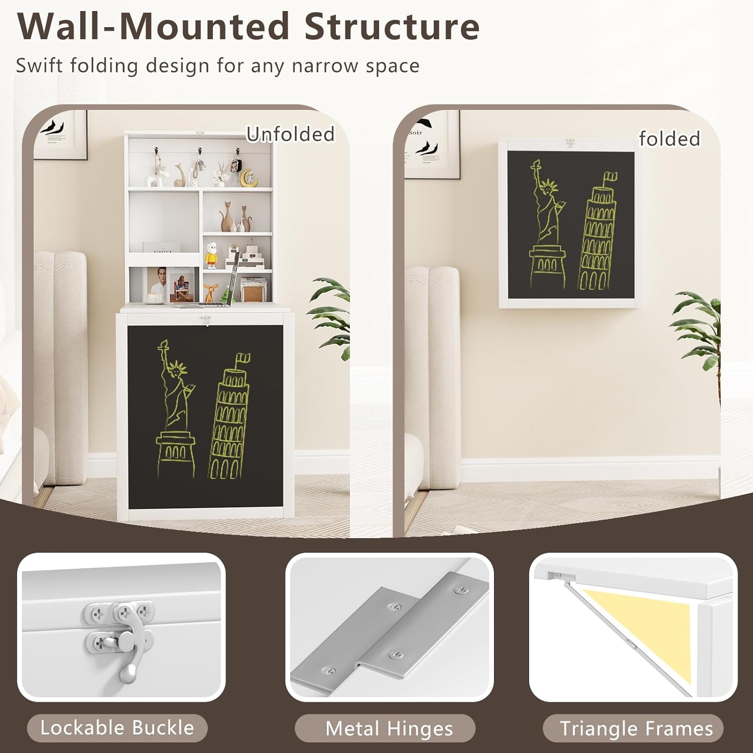 Tangkula Foldable Wall-Mounted Desk, Floating Desk with Chalkboard, Storage Shelves & Hooks, Space-Saving Murphy Table for Home Office, Bedroom, Dorm Room, Small Spaces