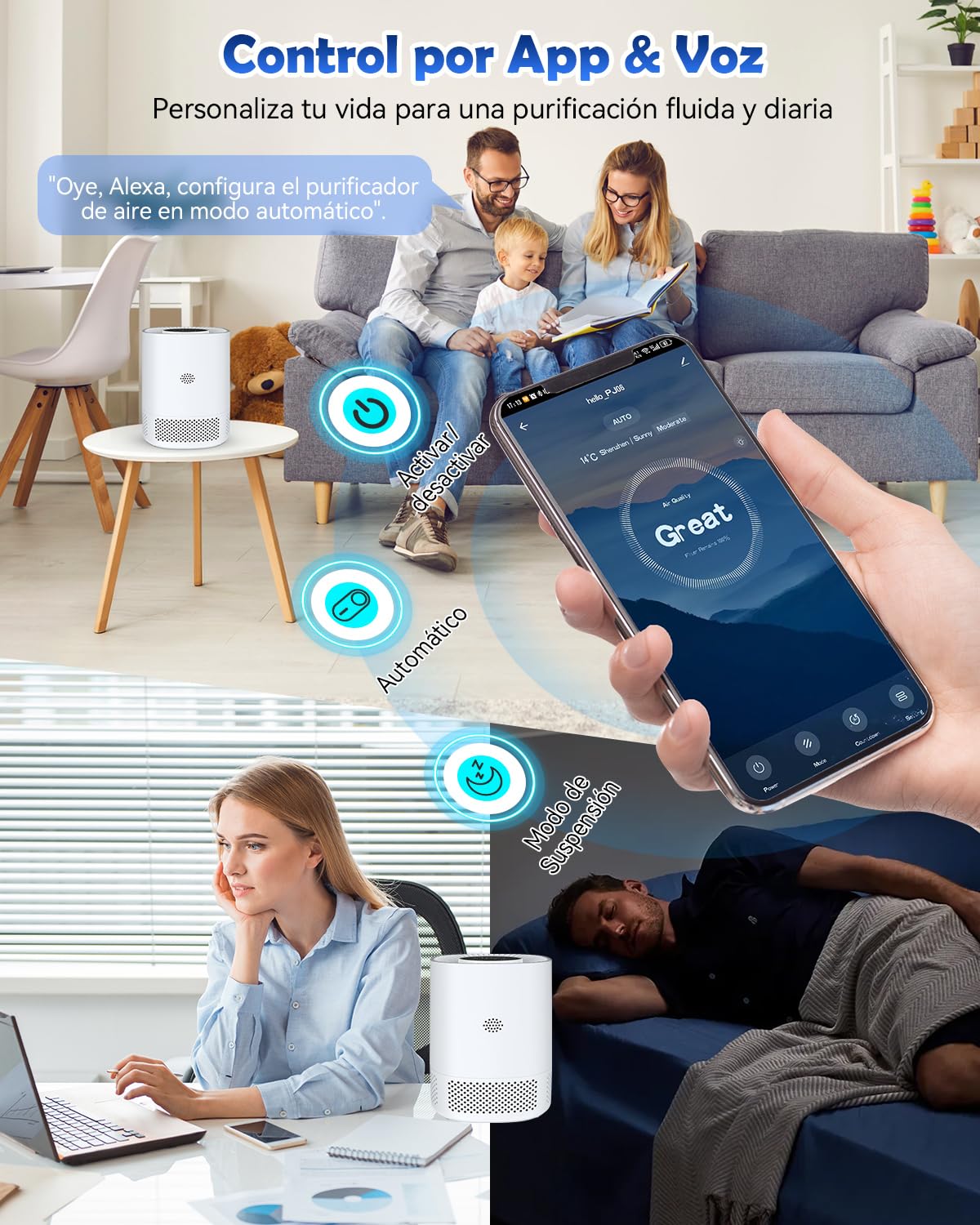 Purificador de Aire con Filtro HEPA, Air Purifier Silencioso 22dB, 99.97% Elimina Polen/Ácaros/Olores, 3 Velocidades, 2 Modes, APP Control, Temporizador 2H/4H/8H, Ideal para Alergias y Mascotas
