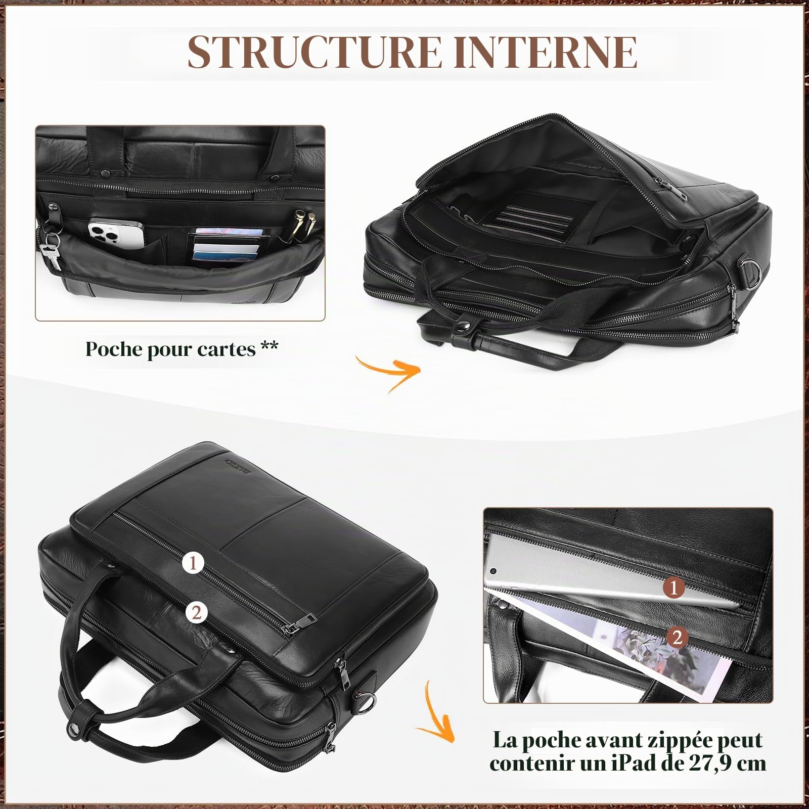 BAIGIO Sacoche Ordinateur Homme Cuir 15,6 Pouces Cartable Porte Document Homme Sac Business Malette Hommes Sacoche Travail Serviette Business Hommes Sac à Main Sac Bandoulière, Noir