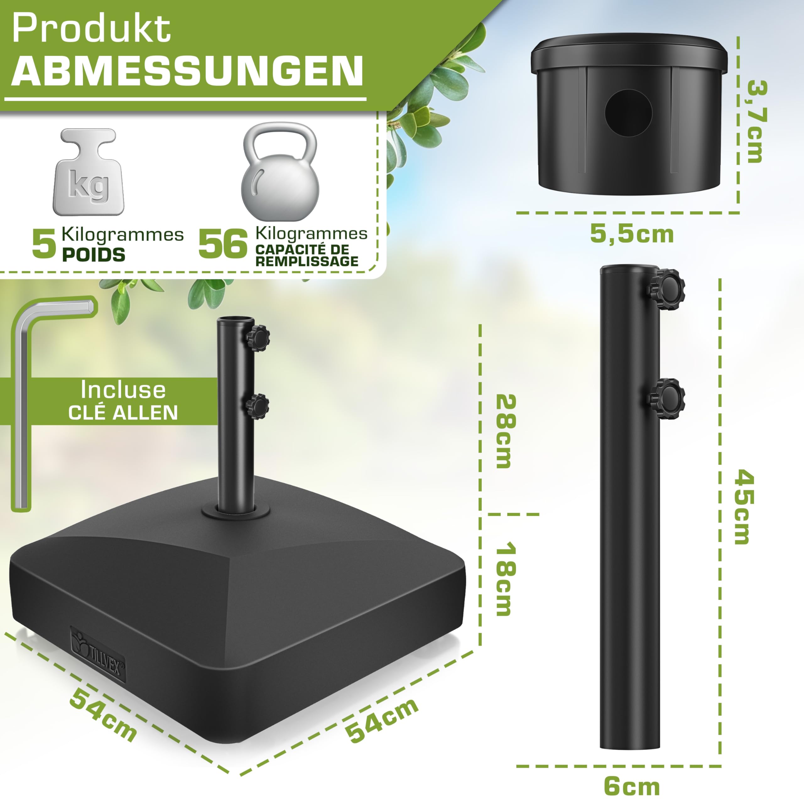 tillvex® Pied de Parasol GRAVIA à roulettes et Freins | Support de lestage Parasol à remplir 37L/56kg | Poids pour Parasol Droit et de marché Ø1,8-3,7m | Résistant aux intempéries et UV (Noir)