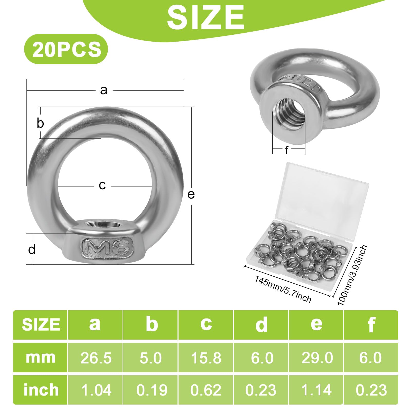 EXLECO Pack of 20 Ring Nuts M6 Ring Bolts Stainless Steel Eye Nut Internal Thread Eyelets Stainless Steel Ring Eyelets Lifting Equipment Accessories for Rope Mounting Trailers Greenhouse Swing Stand - Image 2