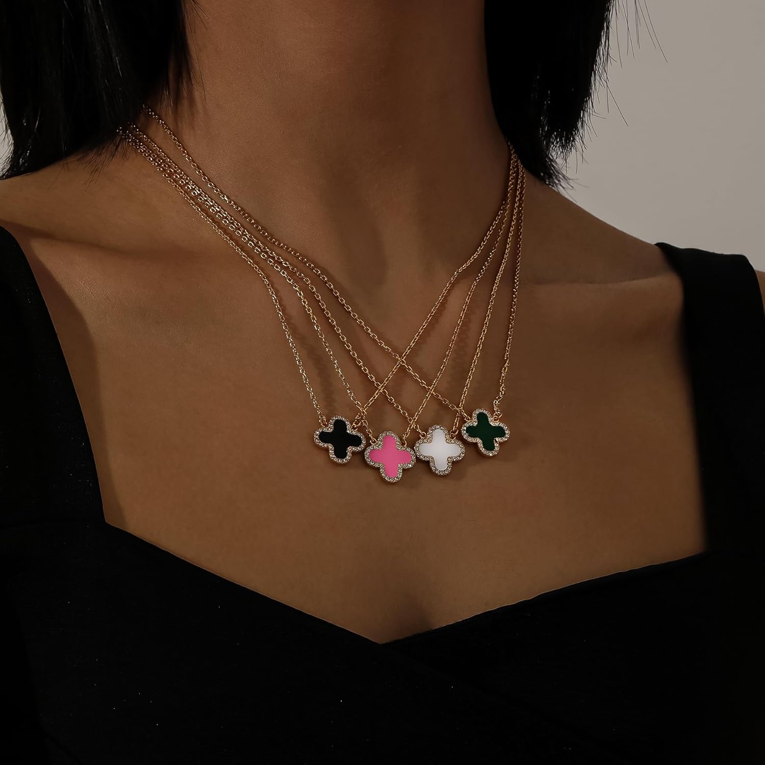 Qitian Clover Necklace for Women 18K Gold Four Leaf Pink Lucky Link Clover Necklaces, Trendy Necklaces Set Jewelry Gifts for Women - Image 5