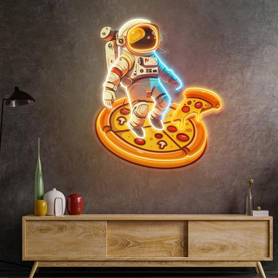 Astronaut Neon Sign for Wall Decor Pizza Astronaut Neon Light for Coffee Shop Bar Home Decor Business Logo Sign Led Light Space Neon Gift for Astronaut Lover (Style 2)