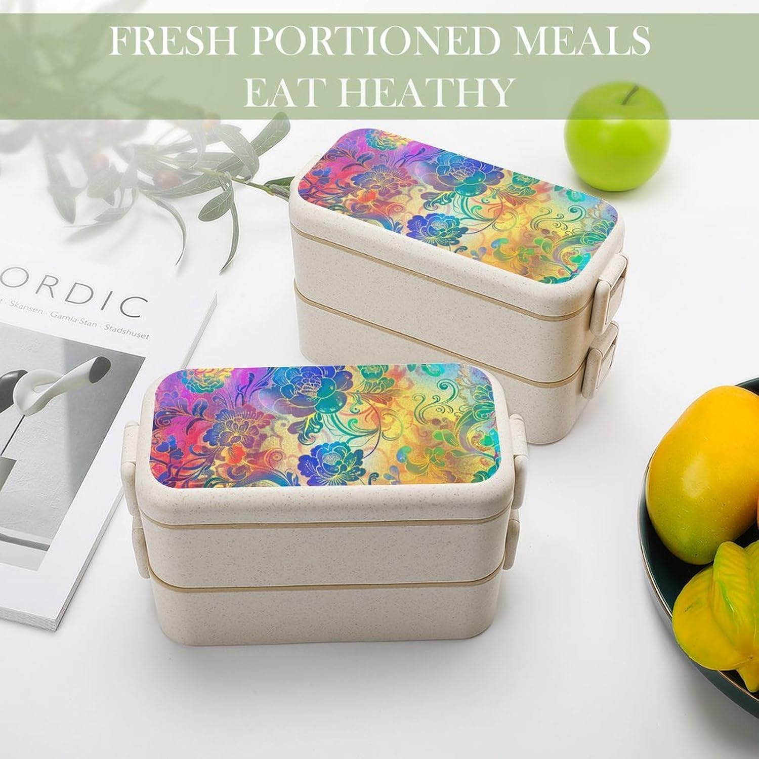 Lunch Box Bento Premium Swirl Floral Pattern Printed Bento Box Bento with Spoon And Fork with Compartment Containers Suitable for Men And Women, style
