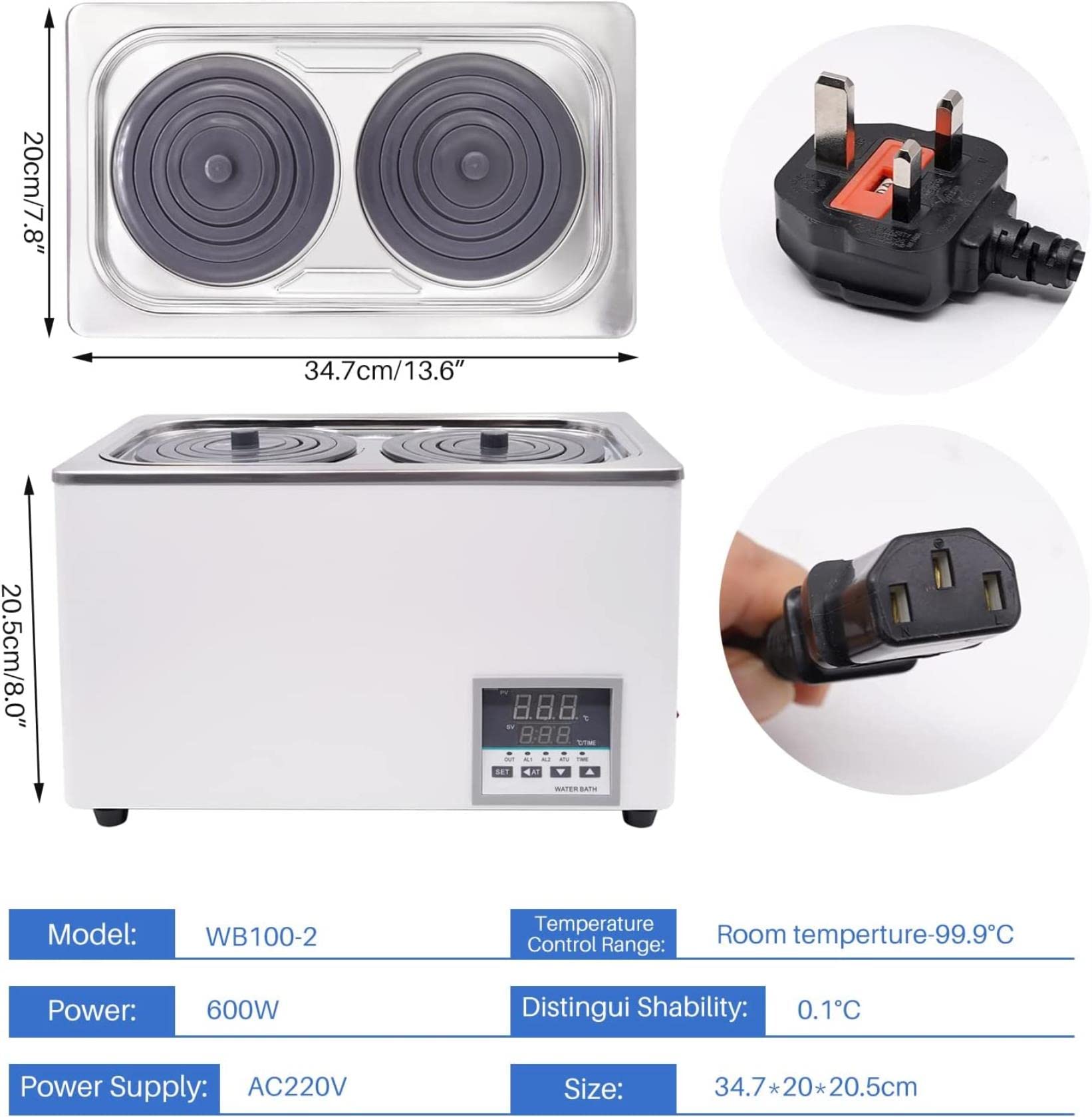 Baño María de Laboratorio con Pantalla Digital eléctrica de 600 W, 2 Aberturas, Interior de Acero Inoxidable, antisecado, Ideal para destilación, Secado y concentración.