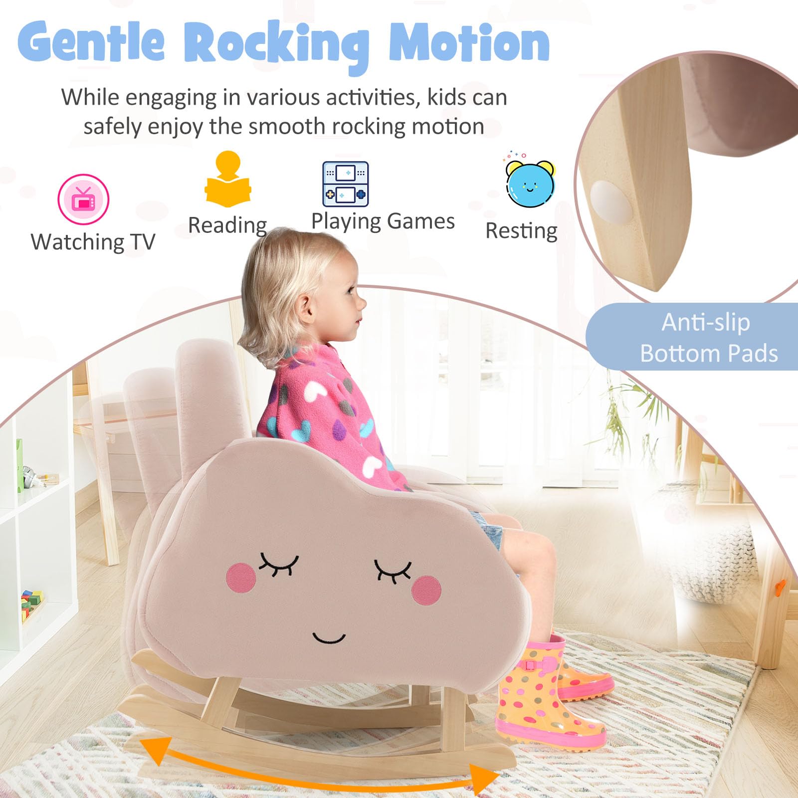 LIFEZEAL Sedia, Poltrona a Dondolo per Bambini 3-5 Anni, con Branccioli, Schienale Ergonomico, Piedini in Legno Massello, Imbottito con Spugna, Anticollisione, Cameretta, Max 50kg (rosa in velluto)