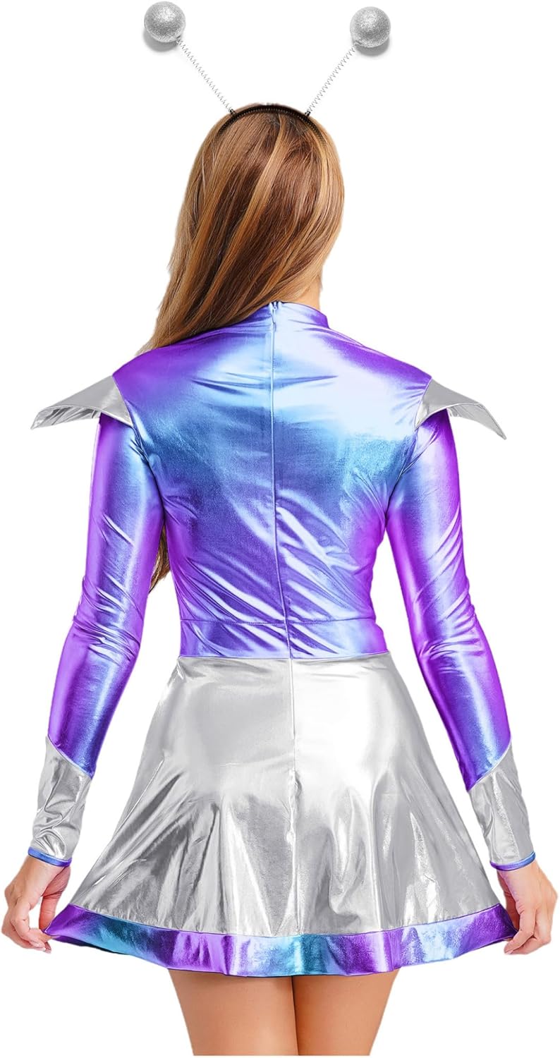 Alien Alien Costume Women's Long Sleeve Metallic Dress Astronaut Costume Futuristic Carnival