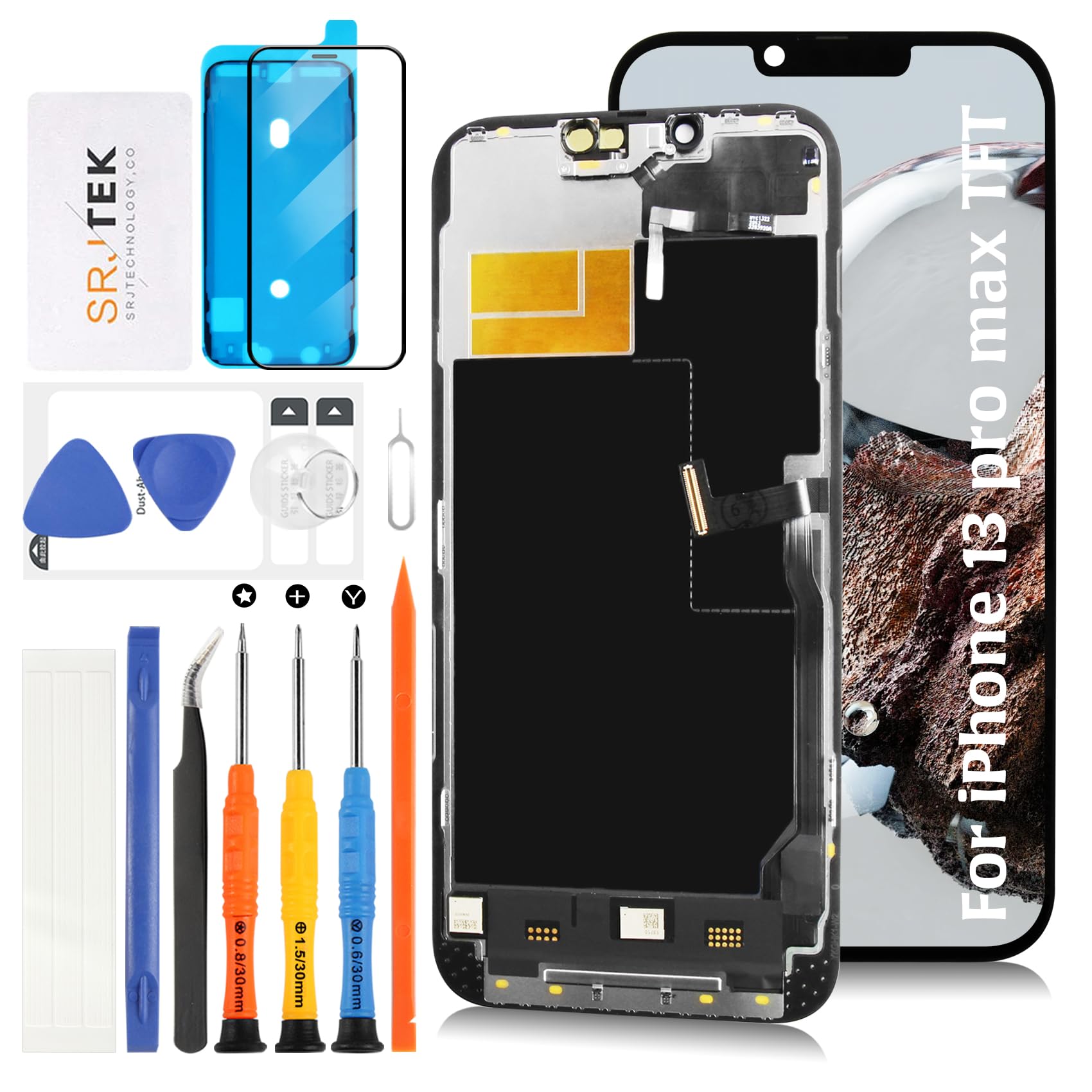 SRJTEK TFT for iPhone 13 Pro Max 液晶画面交換【120Hz対応+センサー・ケーブル+同様のノッチサイズ】 6.7インチディスプレイ タッチデジタイザー 液晶パネルスクリーンアセンブリ A2643 A2484 A2641 A2644 A2645 修理ツール付き