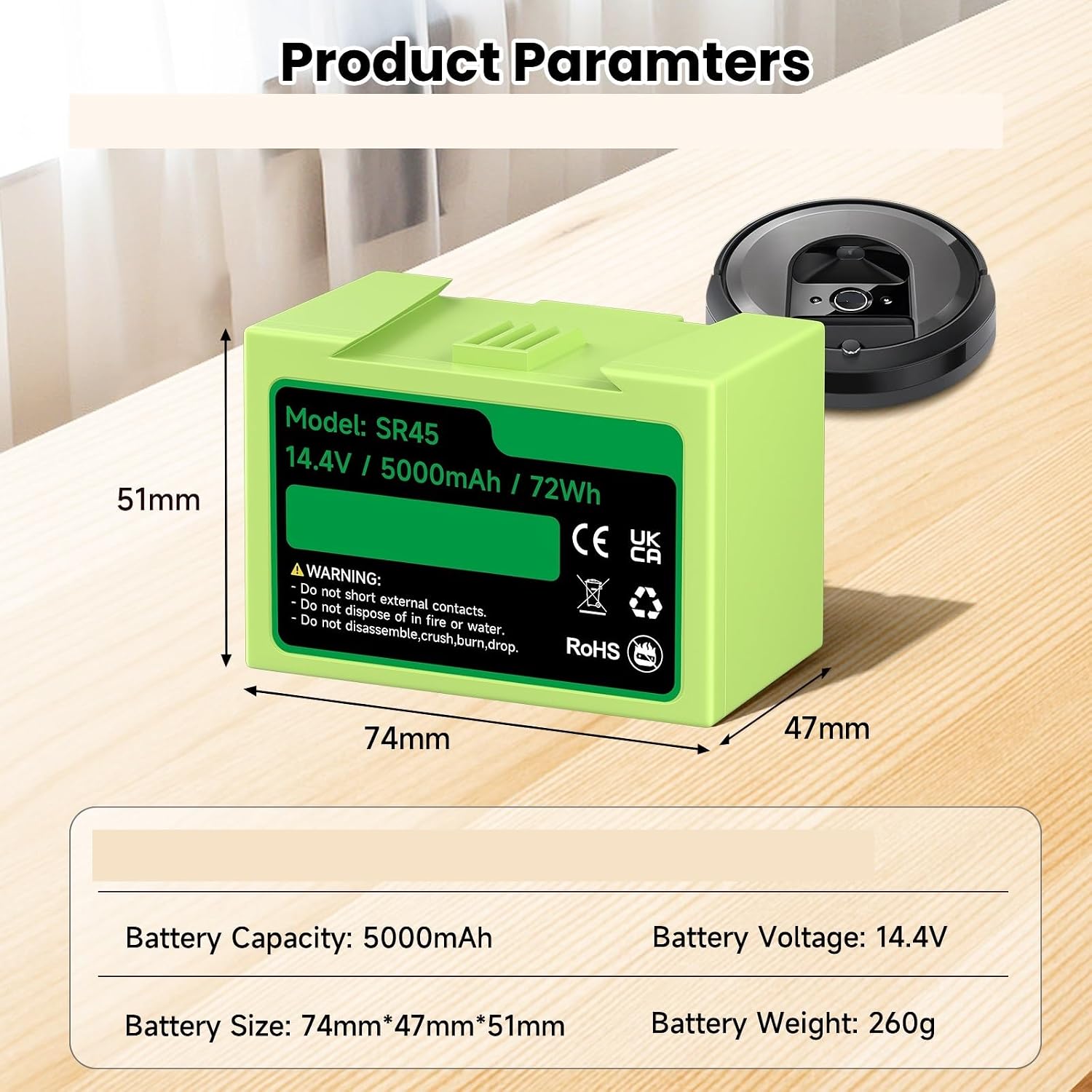 14.4V 5000mAh Lithium Ion Rechargeable Battery, Compatible For Roomba, I7 For I3 I4 E6 J7 E5 Series Vacuum Cleaner Replacement Battery