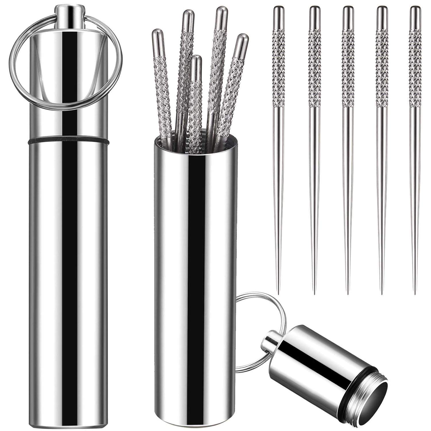 Portable Mini Pocket Toothpick Holder with 10 Pieces Reusable Titanium Toothpicks Waterproof Toothpick Case Toothpick Fruit Picks with Keyring for Outdoor Picnic Camping-image-17