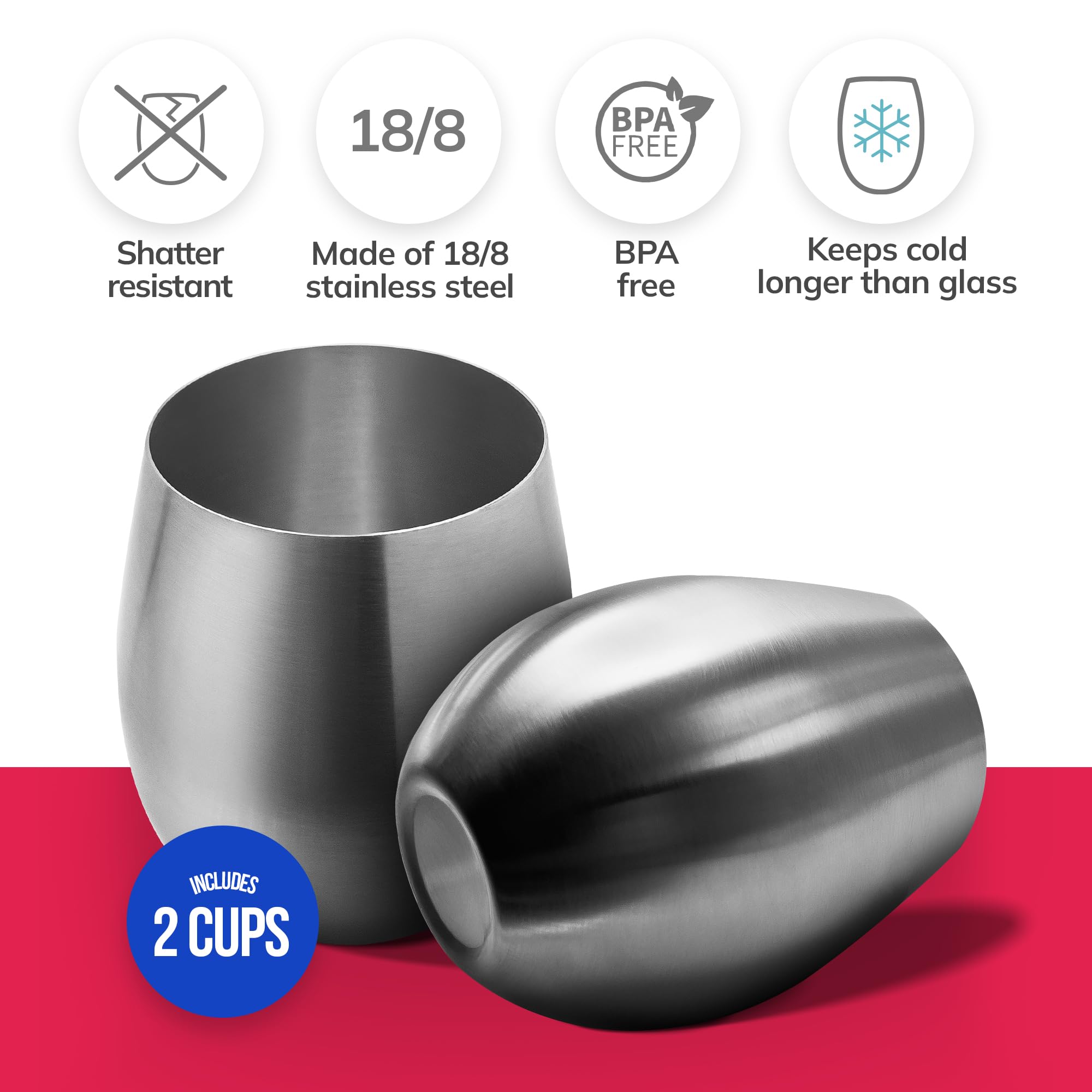 TenTen Labs Weingläser ohne Stiel aus Edelstahl (2er-Set) mit Weinbelüfter und Stopper – 530 ml – unzerbrechliches Weinglas für Outdoor, Reisen, Camping und Pool – gebürstetes Silber