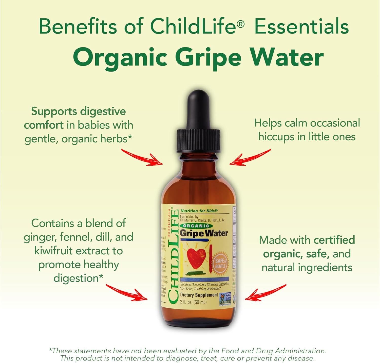 CHILDLIFE ESSENTIALS Organic Gripe Water for Babies - Gripe Water Newborn, Gas Drops for Newborns, Baby Drops for Gas & Colic Relief, Infant Gas Relief with Ginger, Fennel, Dill - 2 Fl Oz (Pack of 2)