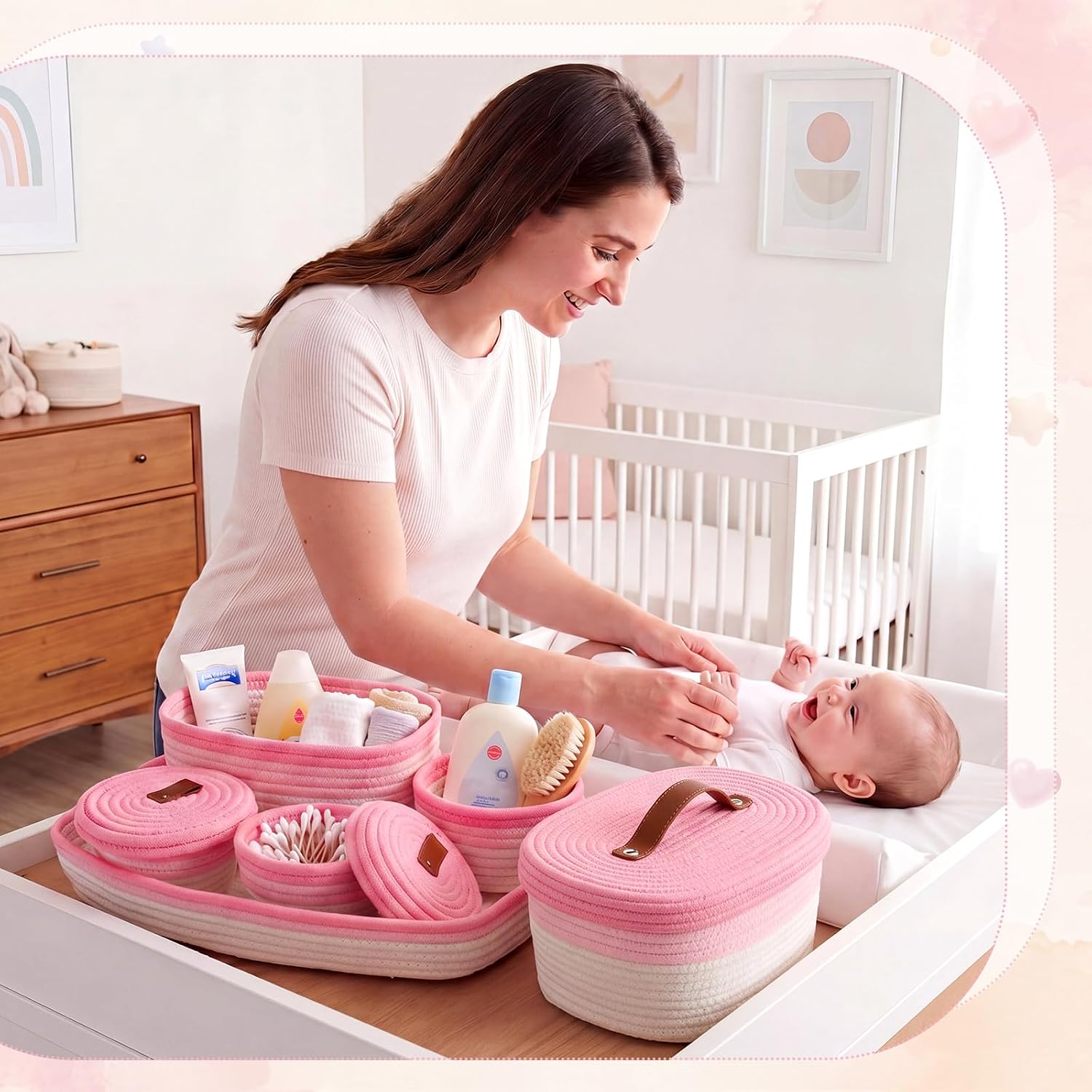 Hushee 6 Pcs Diaper Caddy Cotton Baskets Set 1 Large Woven Tray and 5 Nursery Storage Basket Organizer Pink Cute Handwoven Storage Bins for Diapers, Desk, Toys, Nursery, Baby Shower Gifts