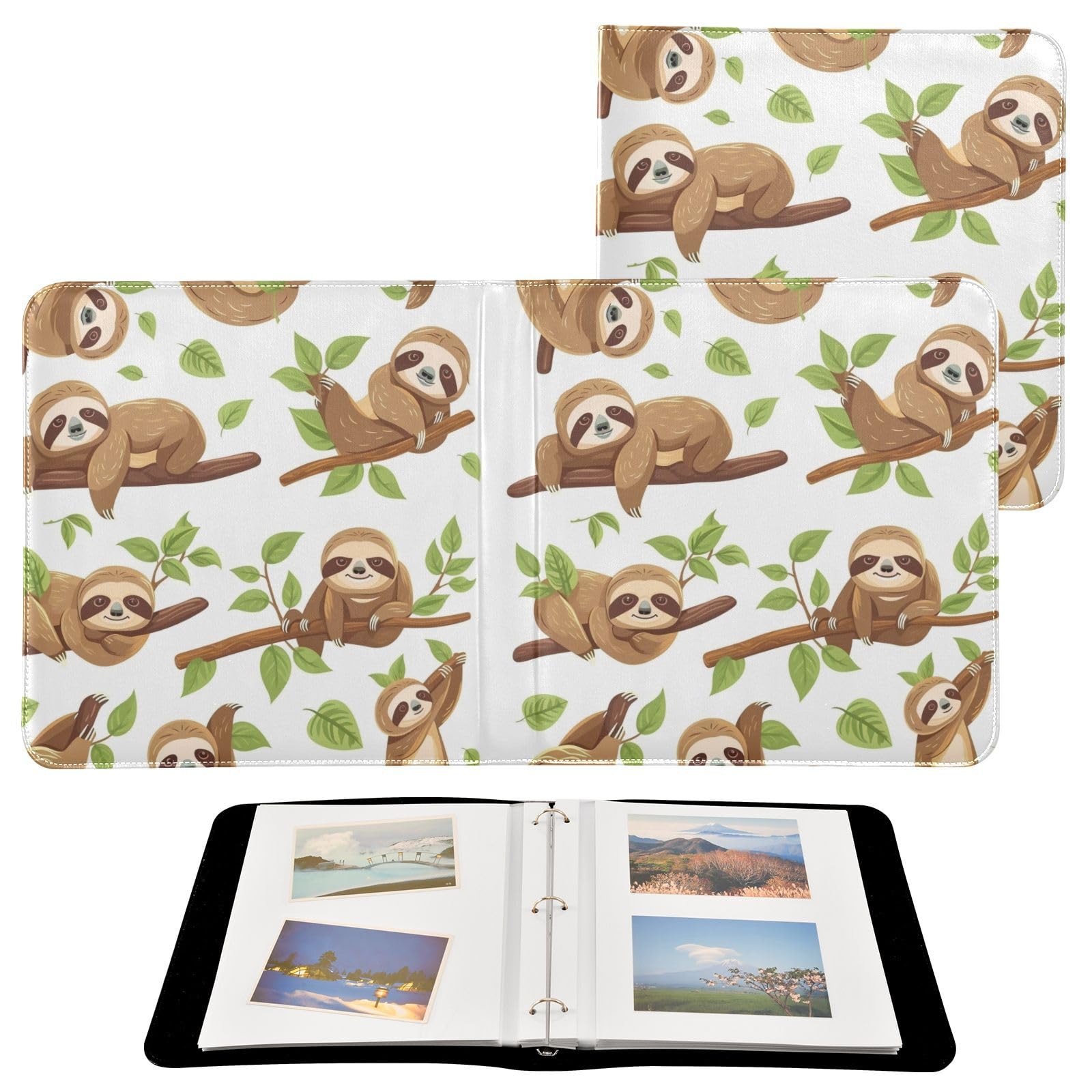 JIPONI Tree-climbing Sloth Large Photo Album, DIY Leather Cover Scrapbook Albums for 4x6 5x7 6x8 Pictures, Self Adhesive Memory Book for Wedding, Baby, Family