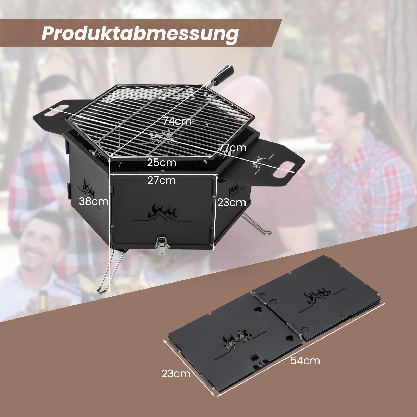GYMAX 2 in 1 Holzkohlegrill klappbar & Feuerkorb, großer Campinggrill mit verstellbarem Grillrost & Lüftungslöchern, Grill zum Heizen & Grillen, Klappgrill für Partys, Camping & Picknicks