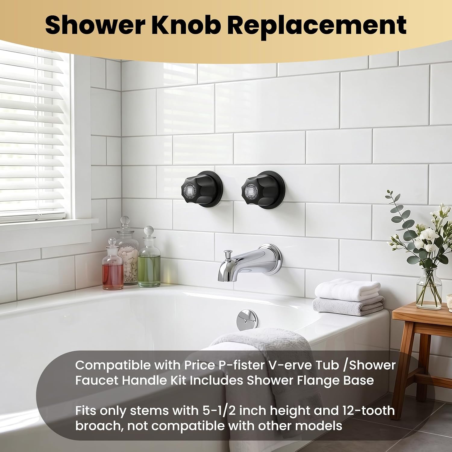 Bathtub Shower Handle Remodel/Rebuild Trim Kit, Shower Knobs 2 Piece Compatible with Price Pfister Valve, Includes Knobs, Bases, Brass Rods, End Cap, Tubes Etc (Matte Black)