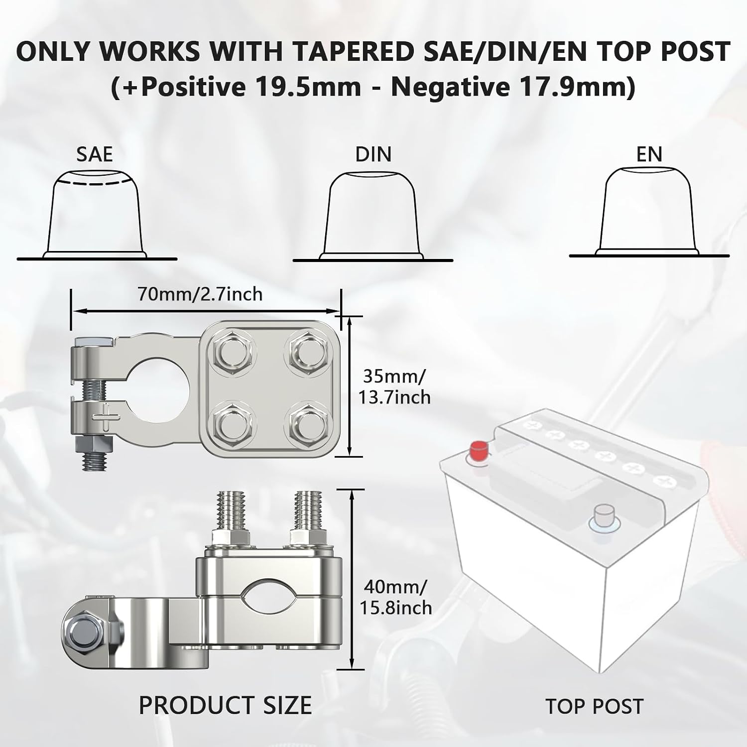 GKG 2 Pcs Car Battery Terminal Connectors, 7 Way Battery Terminal Clamps, 12AWG up to 4/0 AWG Gauge, Positive and Negative Battery Terminals for SAE Standard Tapered Top Post