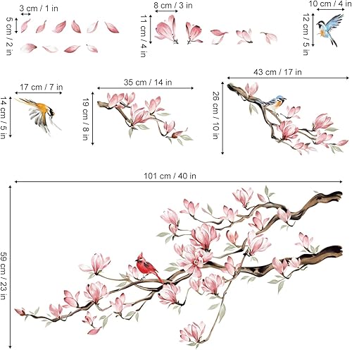 Miniatura 5 de decalmile Calcomanías de pared con diseño de ramas de árbol de magnolia, flores rosas, pájaros, decoración de pared para dormitorio, sala de estar,