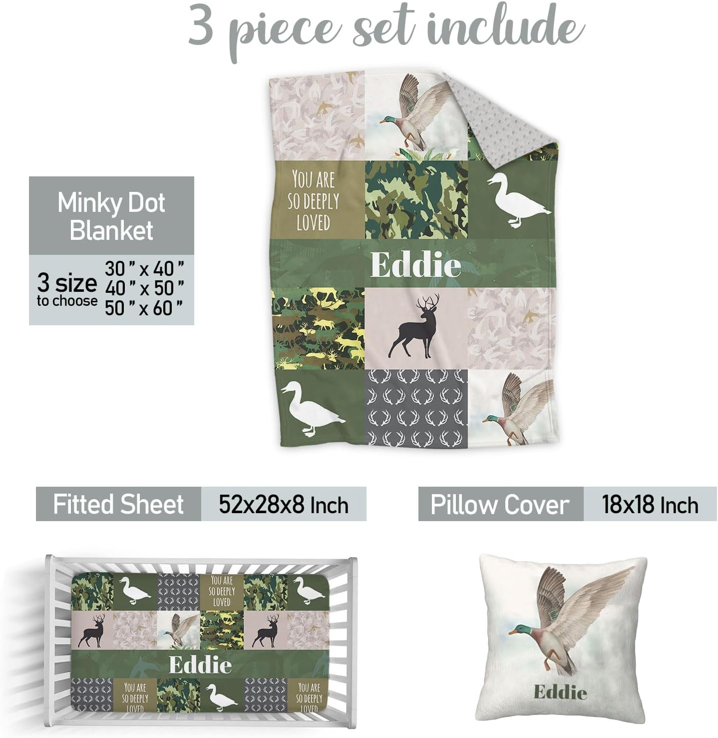 Custom Baby Crib Bedding Set, 3 Piece Personalized Name Mallard Duck Baby Crib Sets for Boys, Minky Blanket, Fitted Sheet, Pillowcase, Soft Nursery Bedding Set for Newborn Infant Toddler Gifts