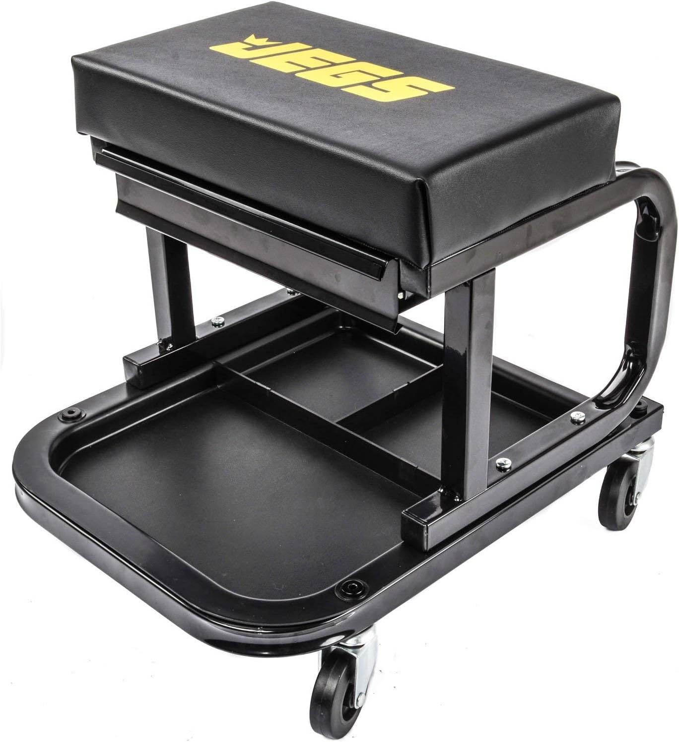 JEGS Creeper and Mechanic Seat Set | Memory Foam Padding | Black Logo | 350 LBS Capacity | 2 ½” Caster Wheels