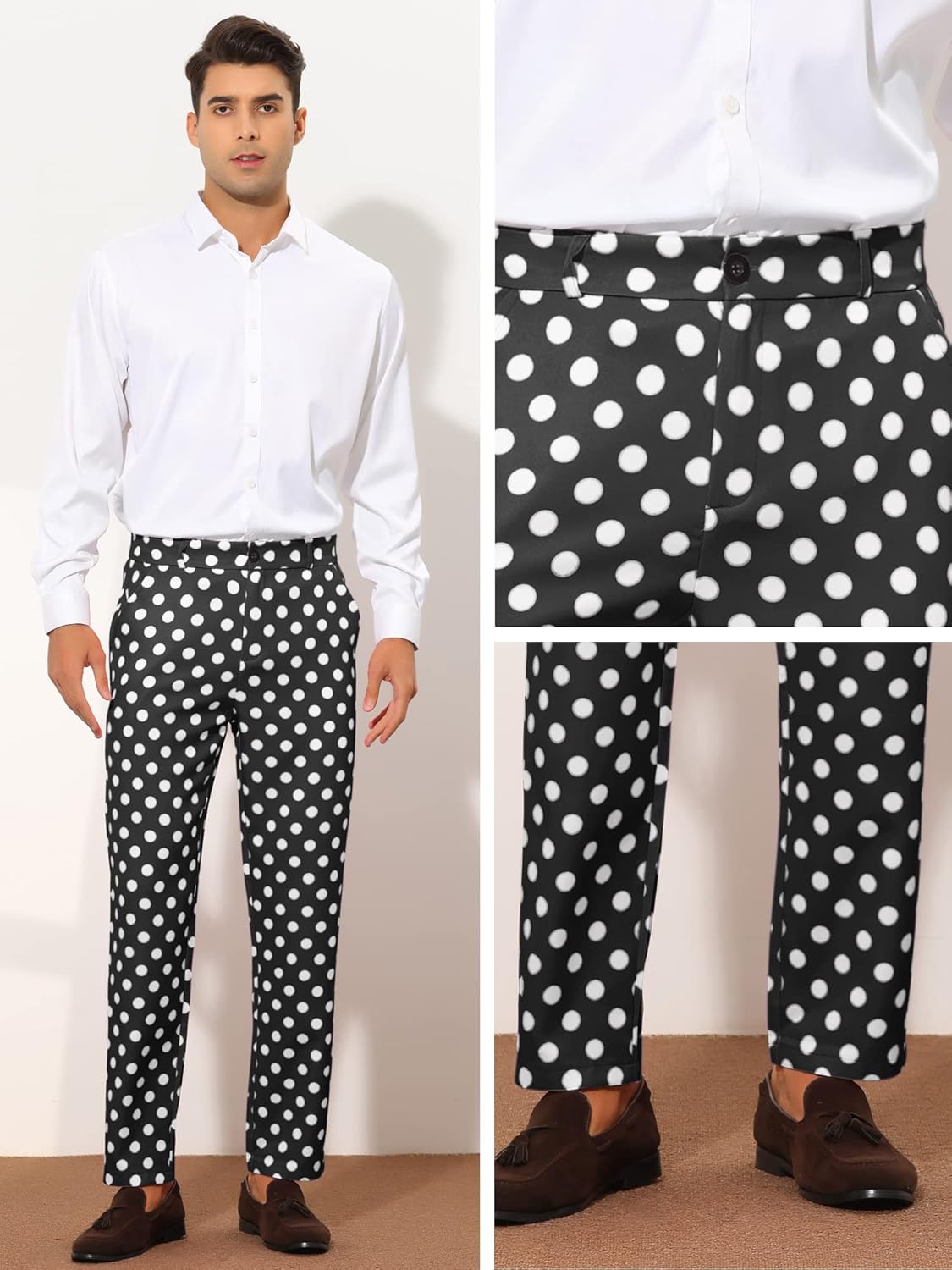 Lars Amadeus Polka Dots Dress Pants for Men's Regular Fit Flat Front Formal Printed Trousers - Image 4