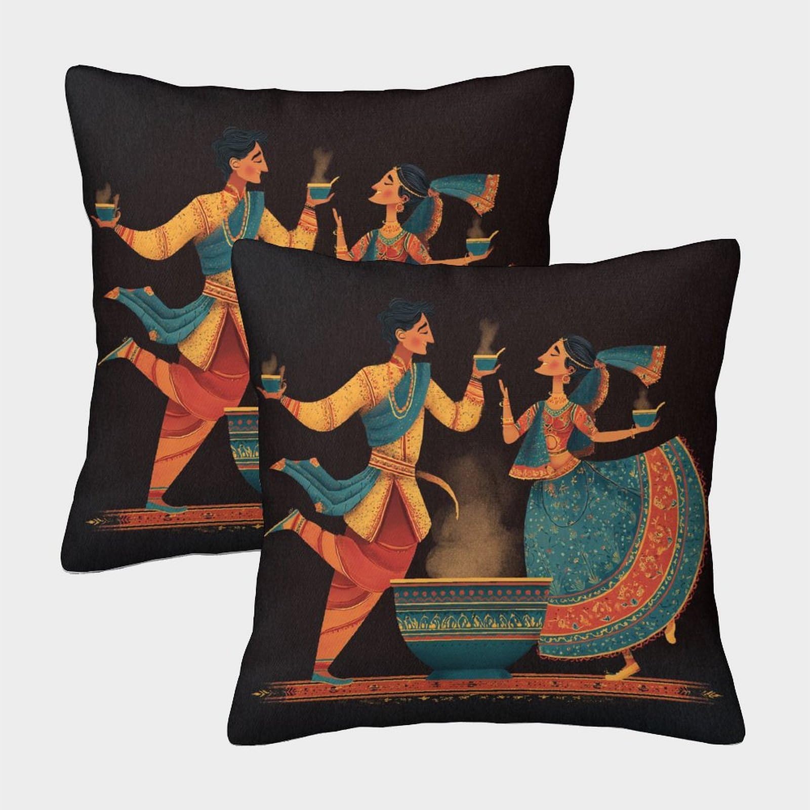 kaiyun 2 Pack Throw Pillowcase 50x50cmCouples Danced A Traditional Dance Around A Large Cup of Tea Pattern Cushion Cover Home Decoration