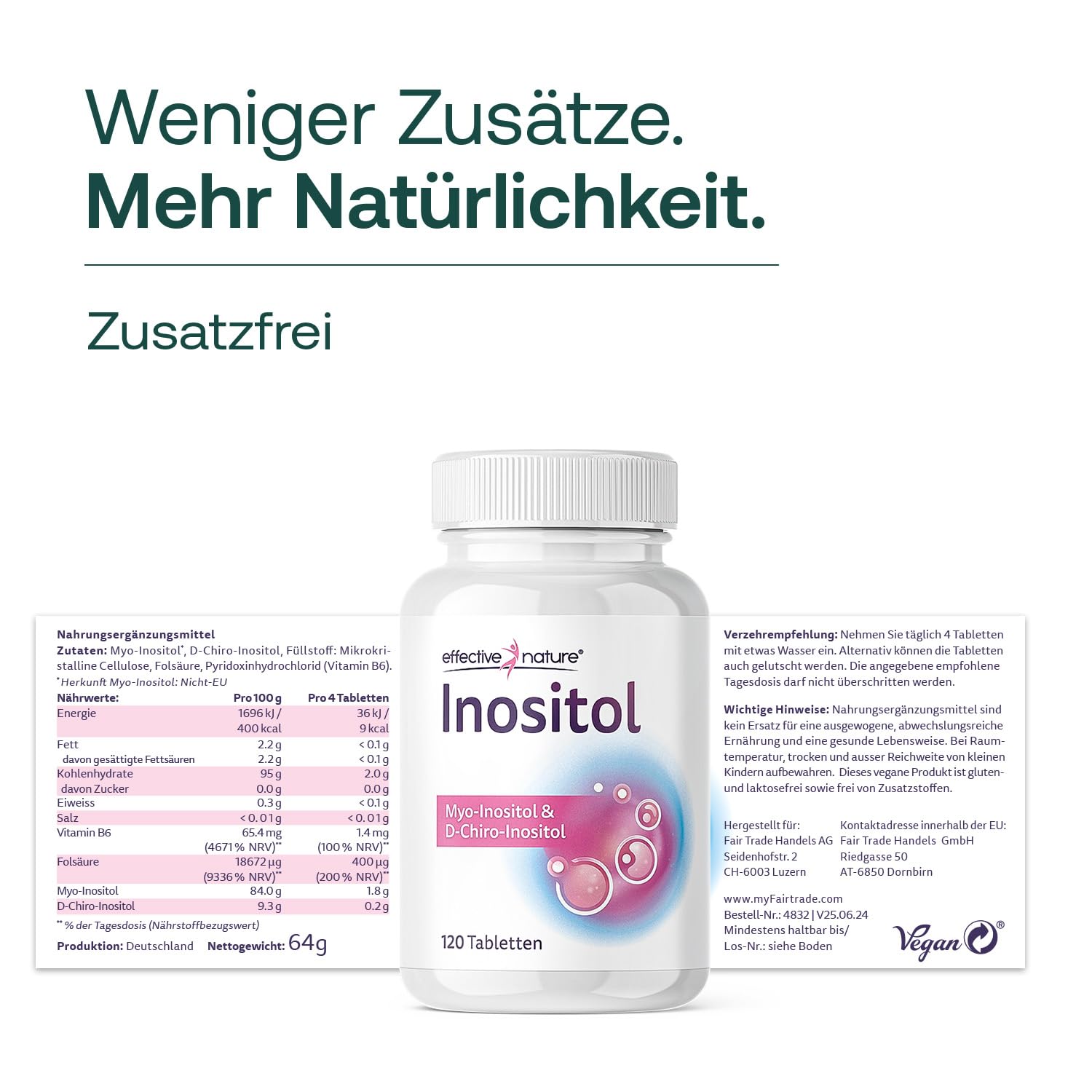 effective nature Inositol Tabletten 120 Stück - Myo & D-Chiro im Optimalen Verhältnis - Mit 400 µg Folsäure & 1,4 mg Vitamin B6 pro Tagesdosis - Vegan