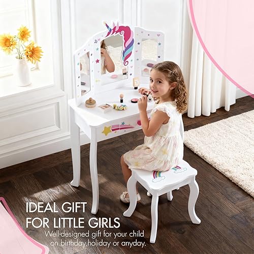 Miniatura 2 de Spirich Vanidad para niños, juego de tocador para niñas con espejo, taburete y luces, juego de mesa y silla de tocador para niños, mesa de tocador