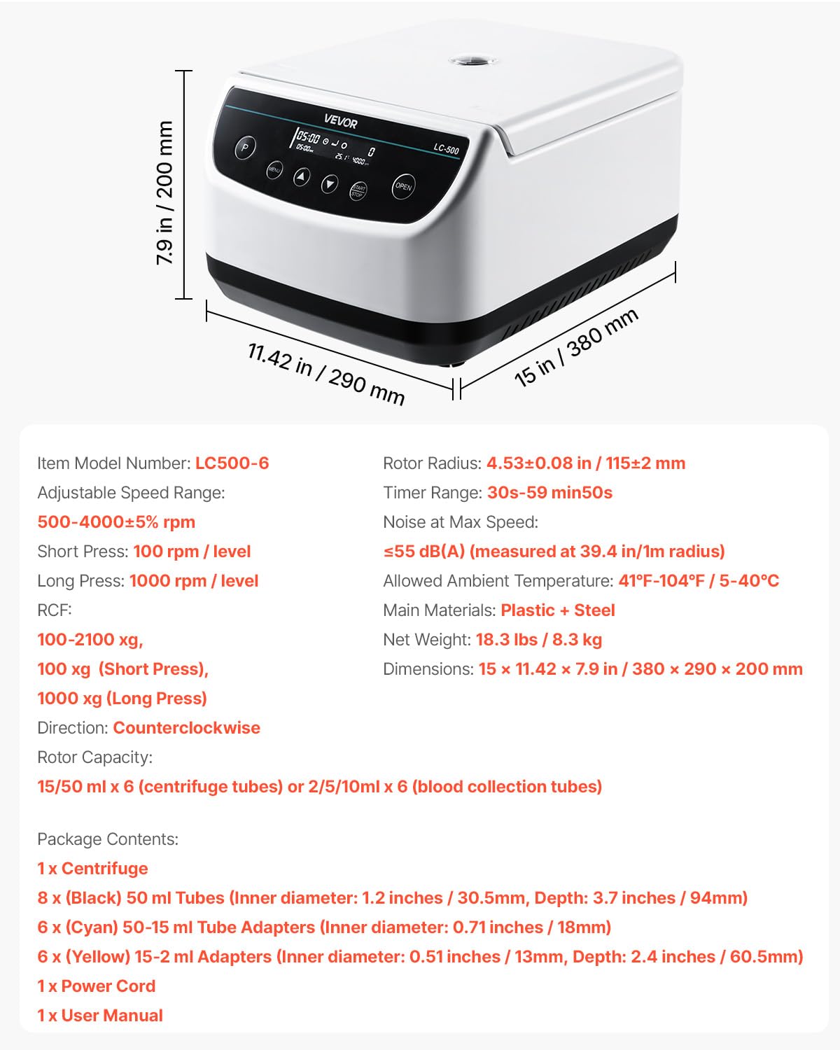 VEVOR Centrifuga da Laboratorio Elettrica 100-2100 xg RCF con Rotore per Provette da 2/5/10/15/50 ml, Velocità Regolabile da 500 a 4000 Giri/min, Bassa Rumorosità per Esperimenti di Laboratorio